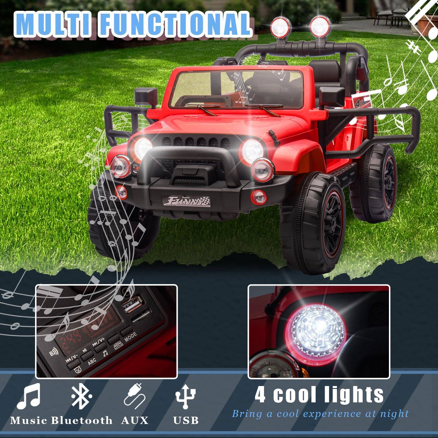 MULTI FUNCTIONAL

Music Bluetooth AUX USB

4 cool lights
Bring a cool experience at night