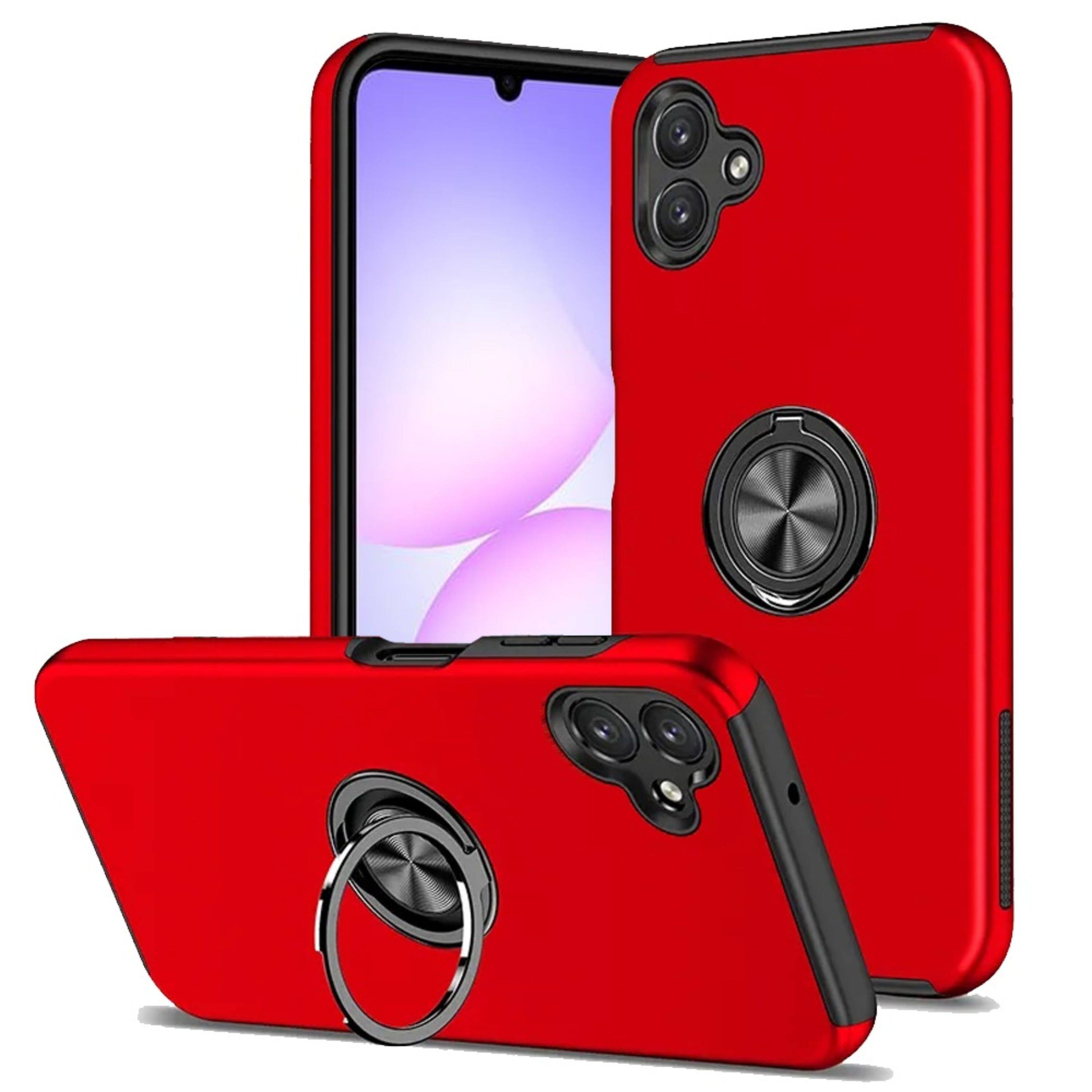 Front. Kitcheniva - Rubber Dual Layer Metal Ring Stand Cover Phone Case With Tempered Glass For Samsung Galaxy A07 Red - Red.