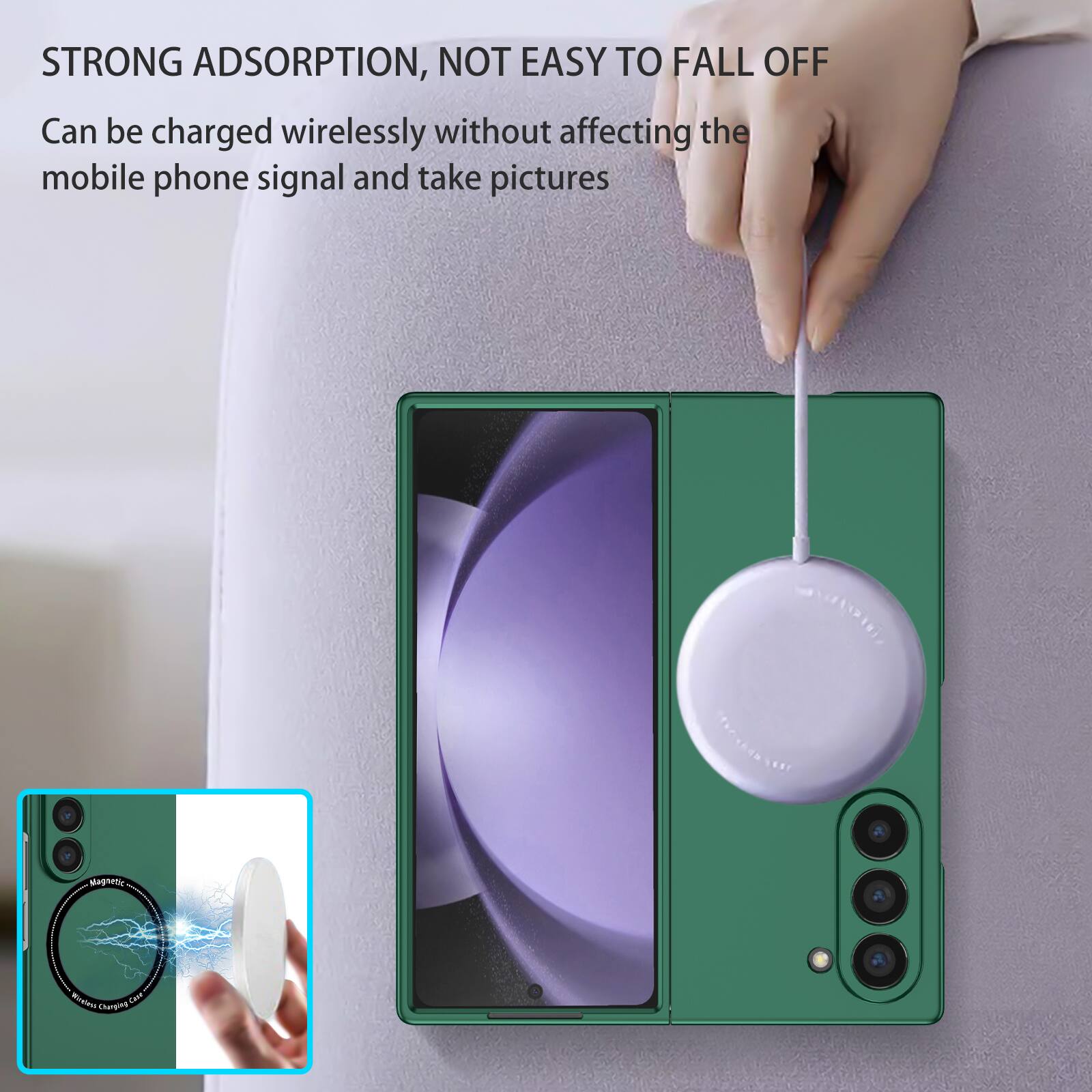 STRONG ADSORPTION, NOT EASY TO FALL OFF  
Can be charged wirelessly without affecting the mobile phone signal and take pictures