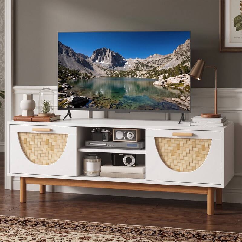 Front. WELLFOR - Mid Century Modern TV Stand with 2 Drawers and Bamboo Woven Fronts, Entertainment Center for Living Room - White.