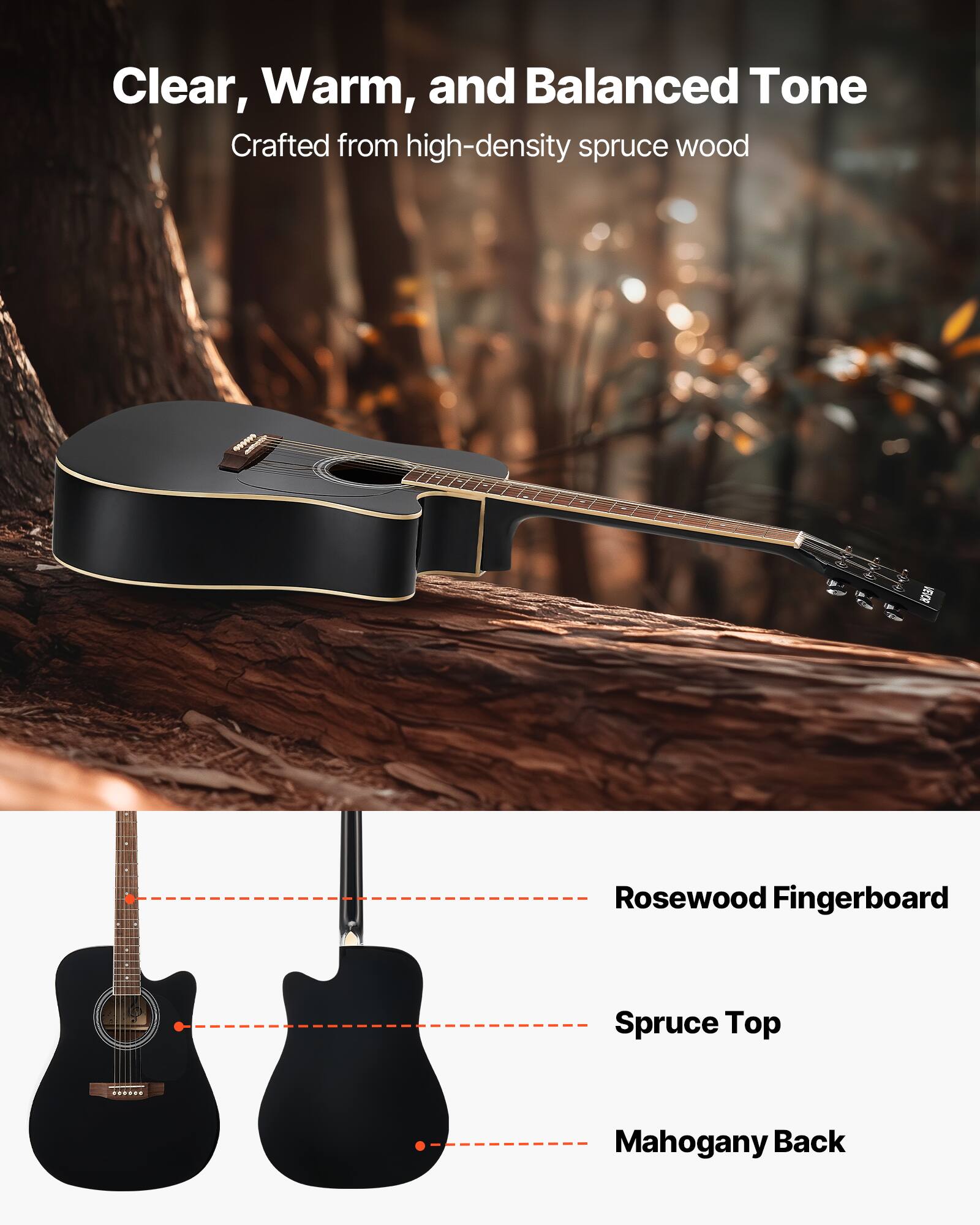 Clear, Warm, and Balanced Tone  
Crafted from high-density spruce wood  

- Rosewood Fingerboard  
- Spruce Top  
- Mahogany Back