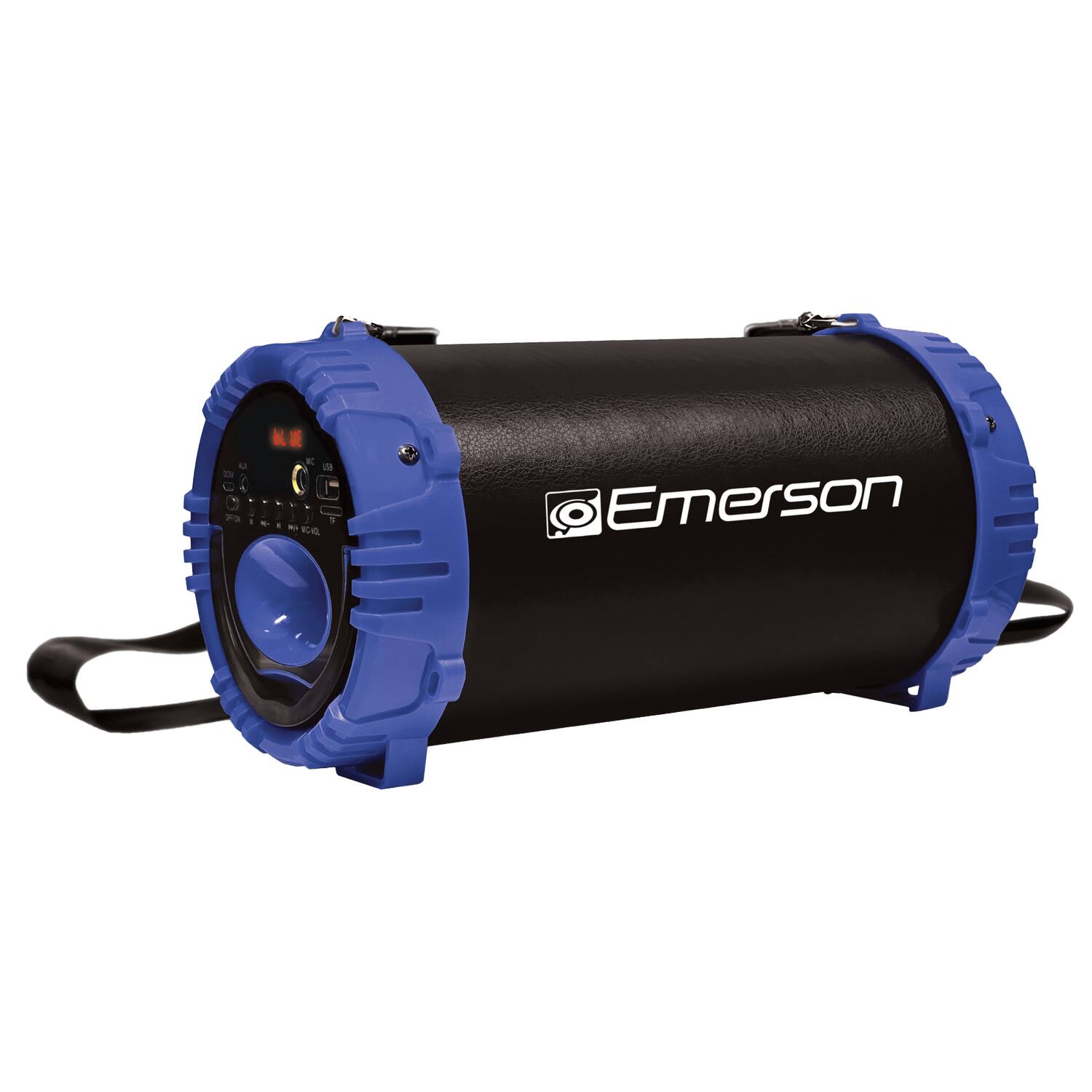 Left. Emerson - Emerson EAS-3001 Portable Bluetooth Speaker with LED Lights, Strap, AUX Input, USB Charging, Dual Speakers - BLUE.