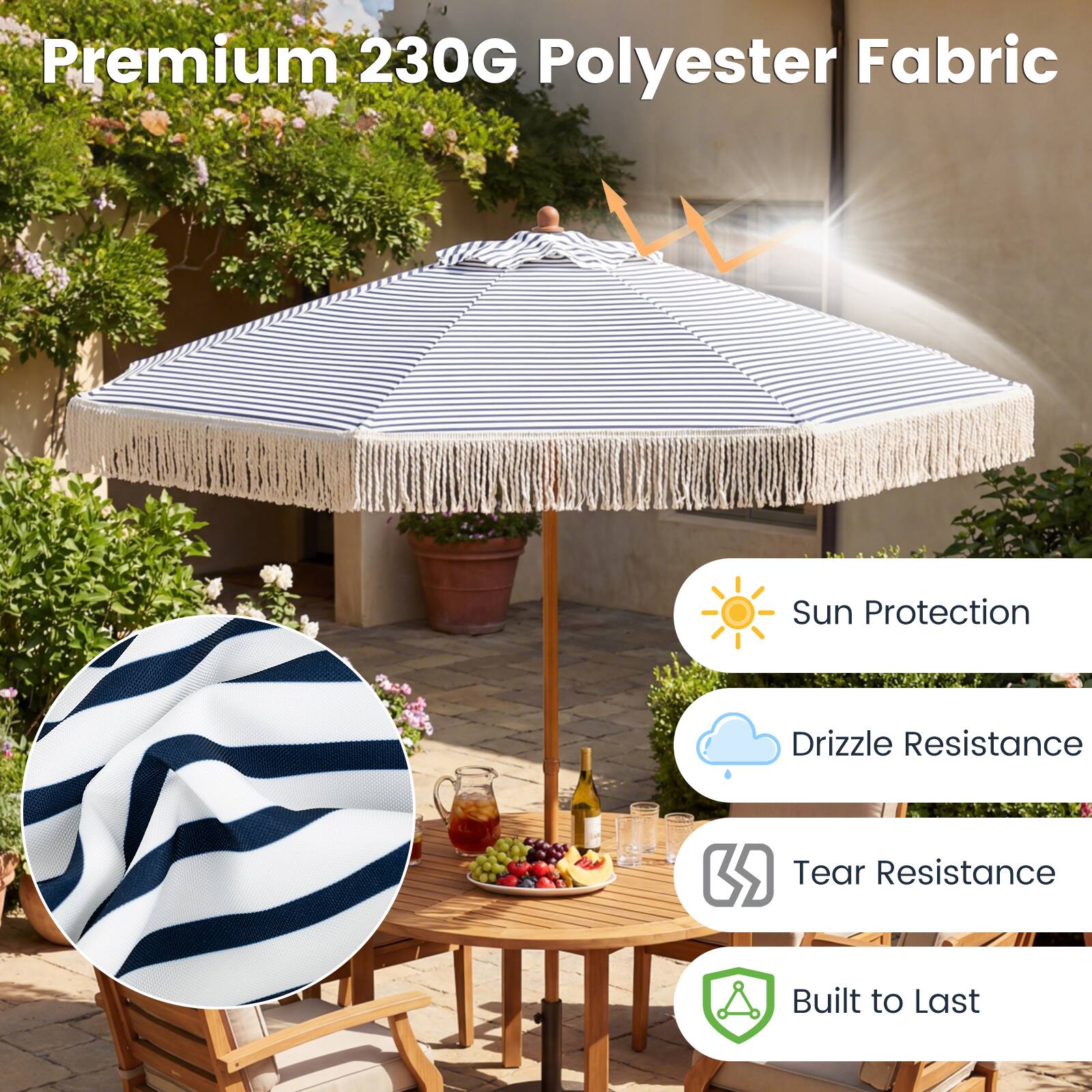 Premium 230G Polyester Fabric  
Sun Protection  
Drizzle Resistance  
Tear Resistance  
Built to Last