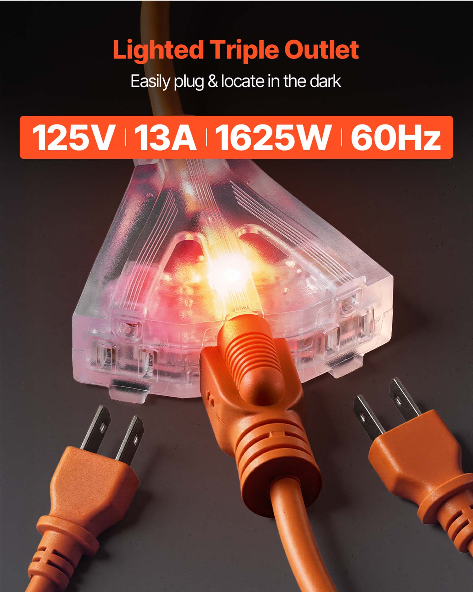 Lighted Triple Outlet  
Easily plug & locate in the dark  
125V | 13A | 1625W | 60Hz