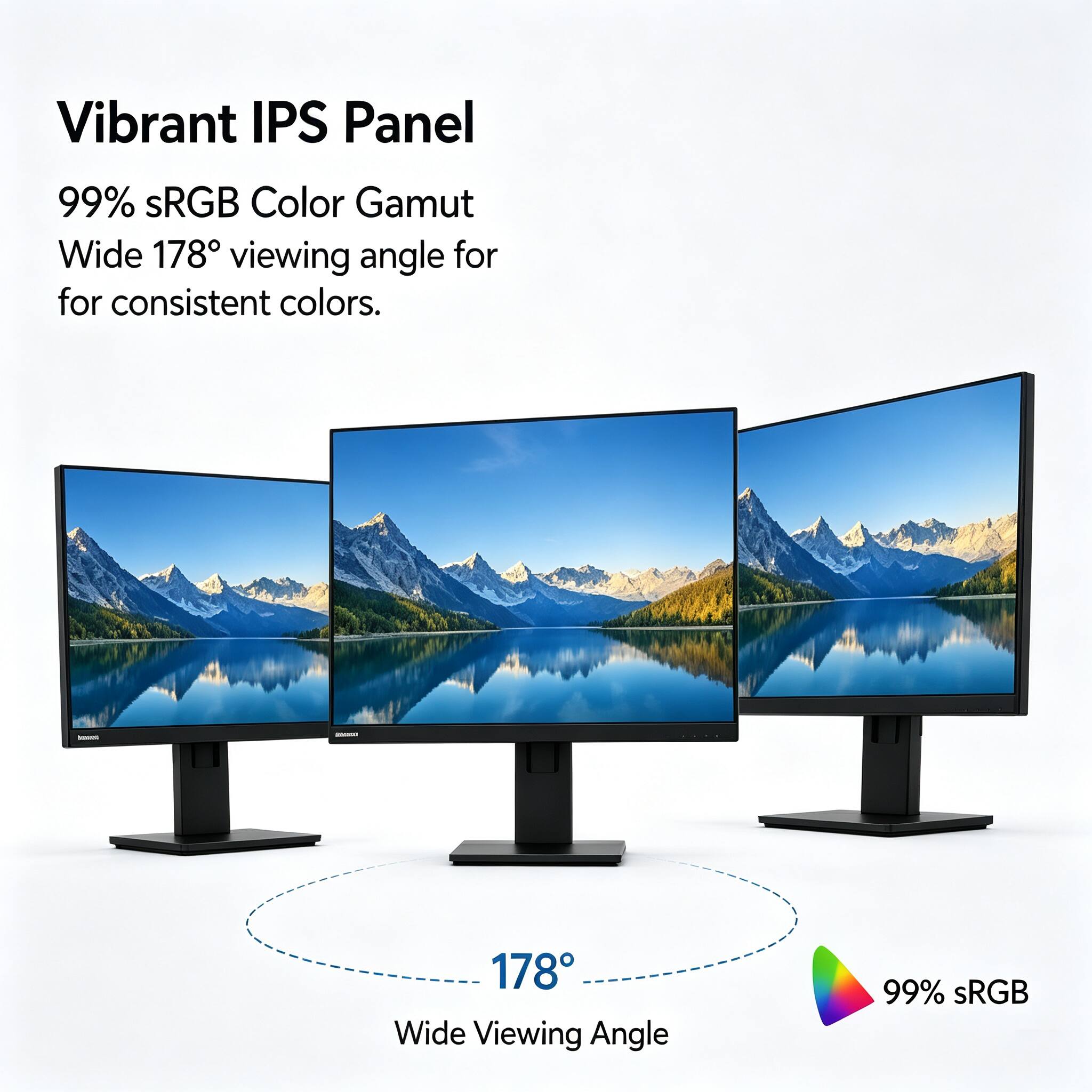 Vibrant IPS Panel  
99% sRGB Color Gamut  
Wide 178° viewing angle for consistent colors.  

178° Wide Viewing Angle  
99% sRGB
