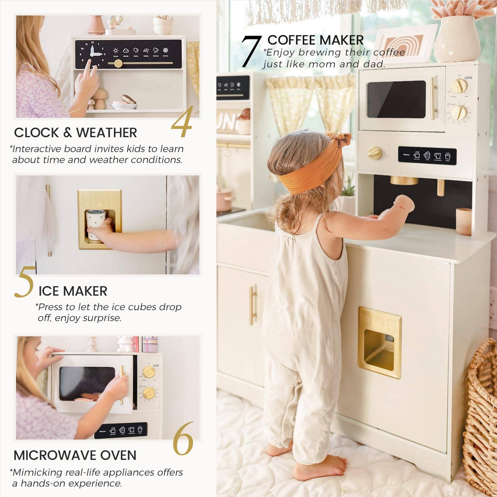 - COFFEE MAKER 7 *Enjoy brewing their coffee just like mom and dad.
- CLOCK & WEATHER 4 *Interactive board invites kids to learn about time and weather conditions.
- ICE MAKER 5 *Press to let the ice cubes drop off, enjoy surprise.
- MICROWAVE OVEN 6 *Mimicking real-life appliances offers a hands-on experience.