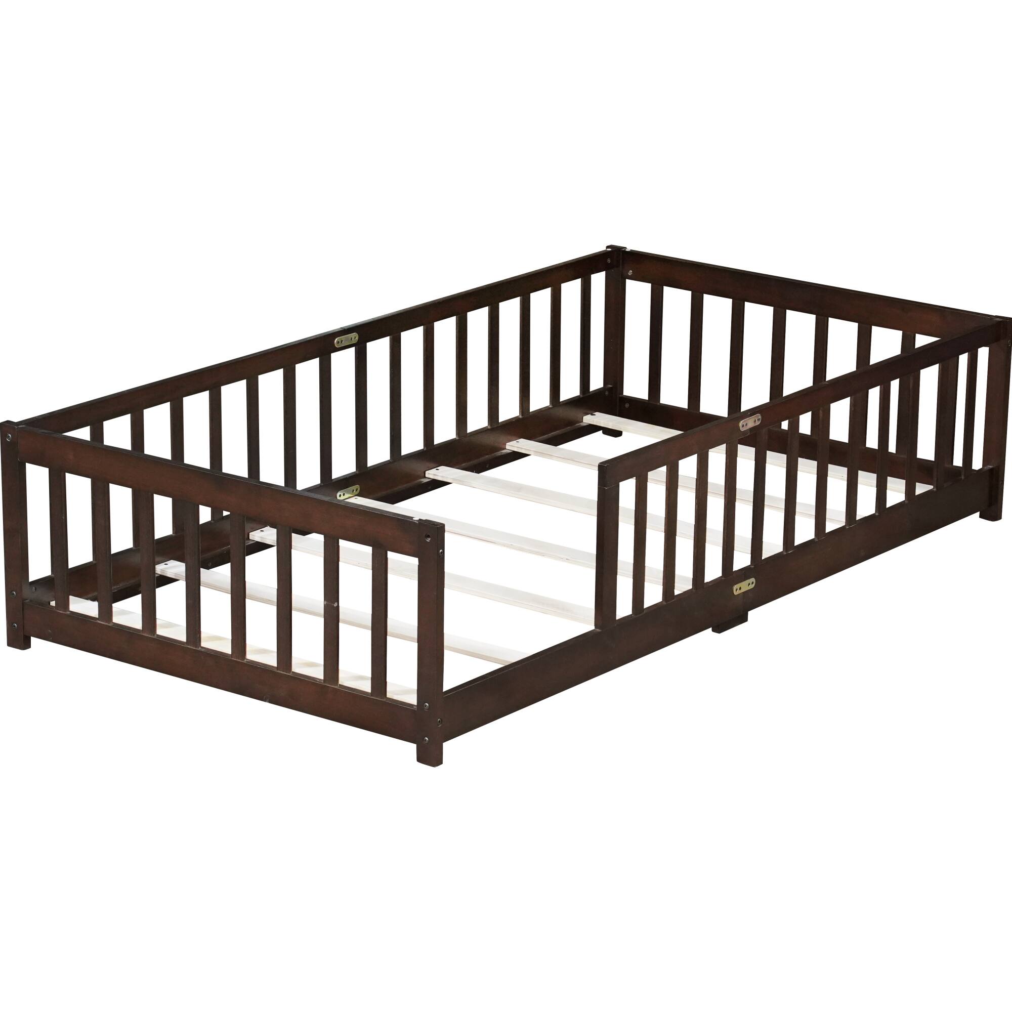 Alt View 6. GOODSILO - Twin Size Floor Bed with Safety Fence for Kids, Sturdy Rubber Wood Construction, Easy Assembly - Espresso.