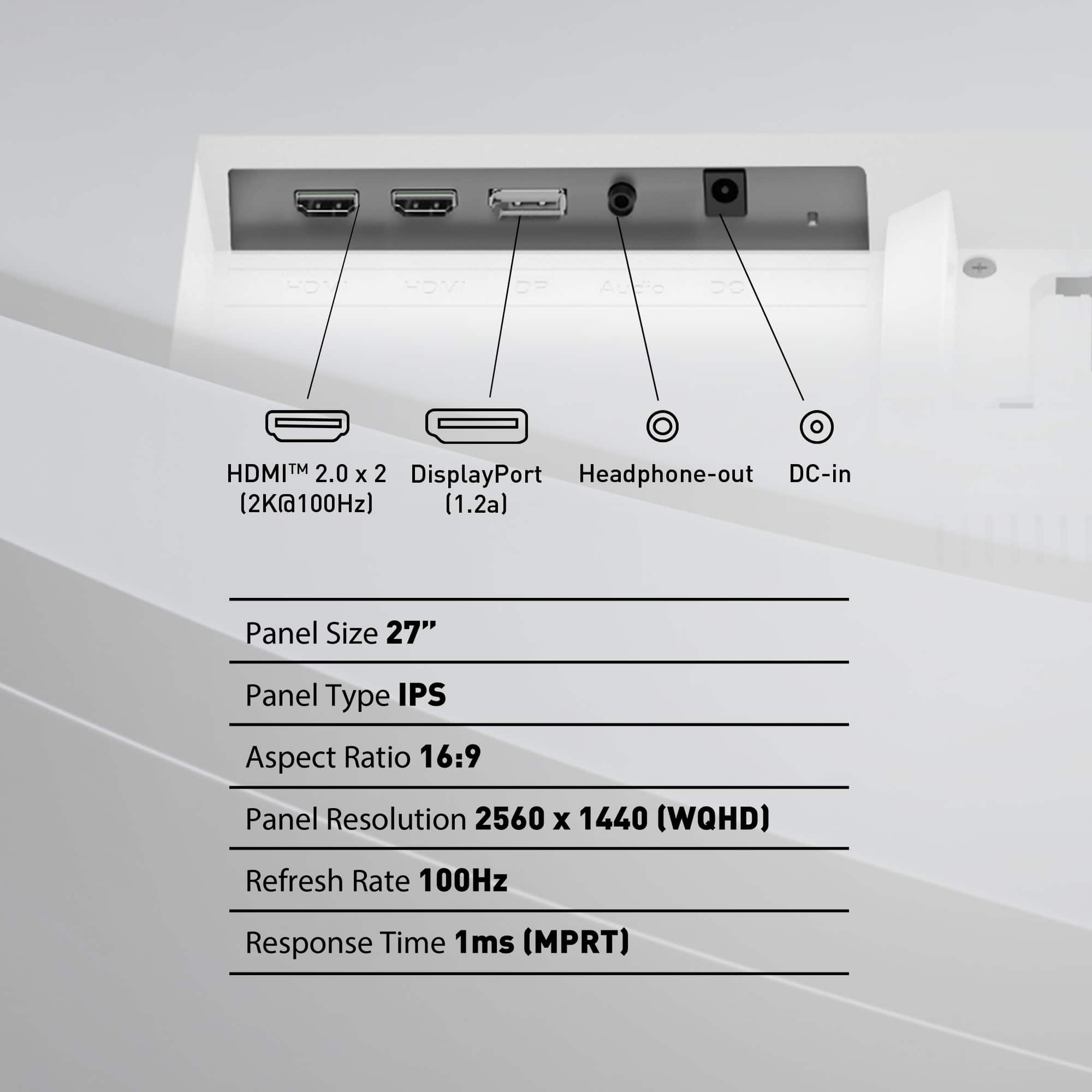 The text on the image is already grouped and correctly written. It reads:
"YON HDV DE Audio DC HDMI TM 2.0 2 DC-in x DisplayPort Headphone-out (2K(a100Hz) (1.2a) Panel Size 27" Panel Type IPS Aspect Ratio 16:9 Panel Resolution 2560 x 1440 (WQHD) Refresh Rate 100Hz Response Time 1ms (MPRT)"