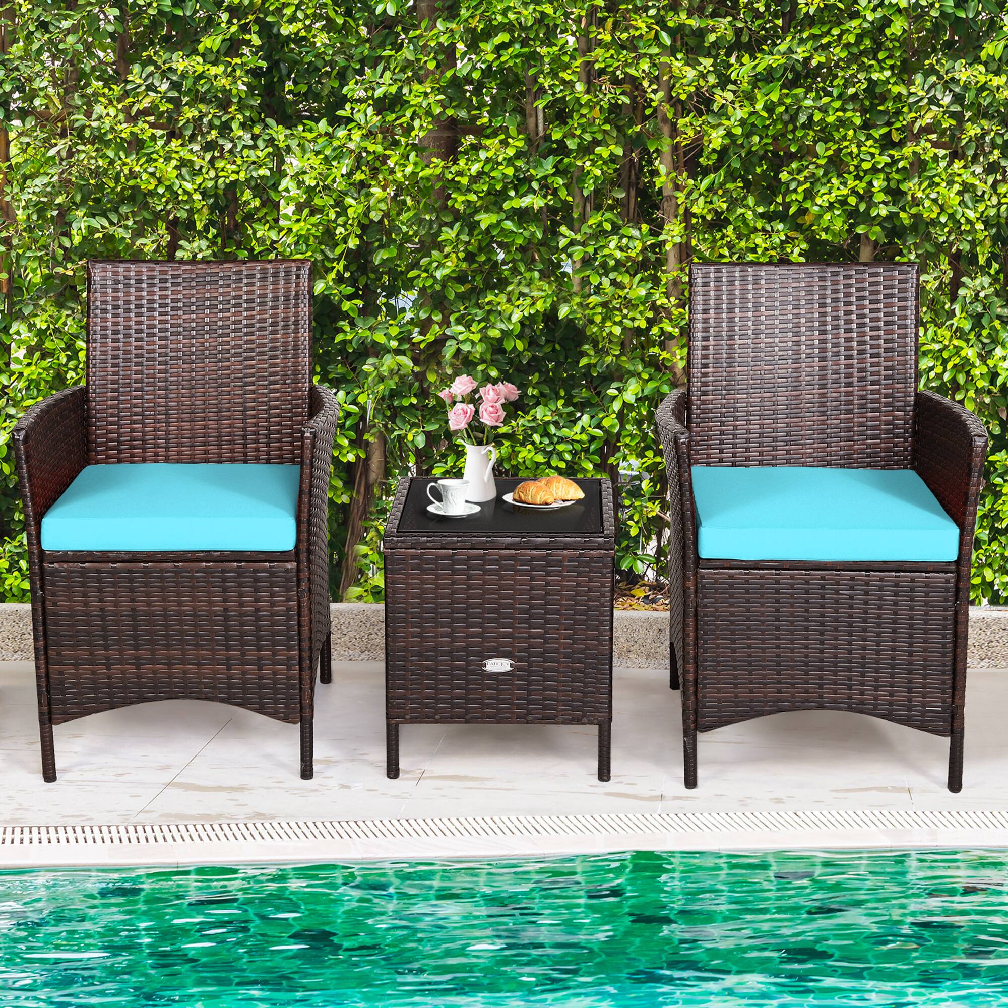 Alt View 3. Gymax - Gymax 3PCS Outdoor Rattan Conversation Set Patio Furniture Set w/ Blue Cushions - Brown.