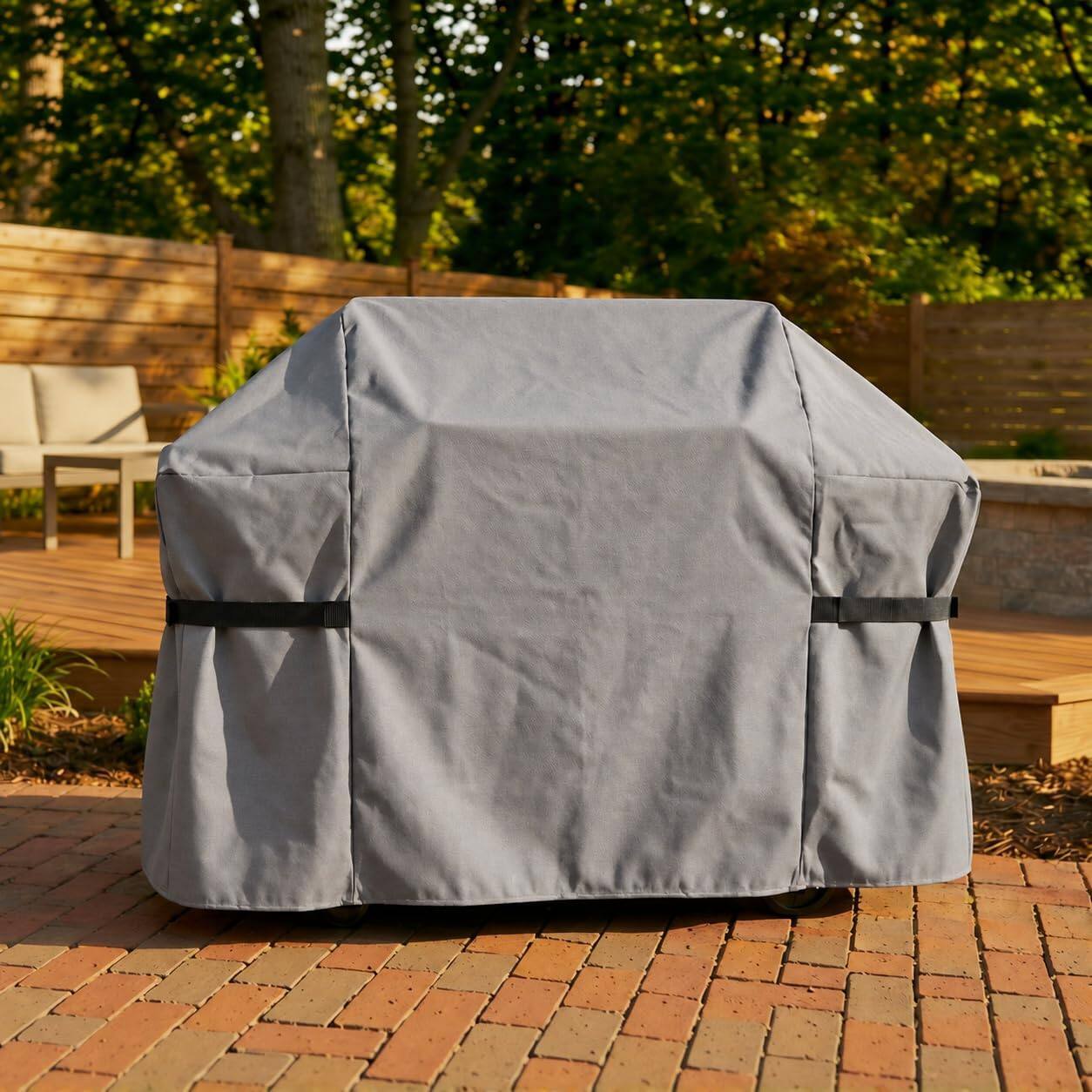 Angle. KHOMO GEAR - Grill Cover 58 Inch Waterproof, Heavy Duty BBQ Gas Grill Cover with Air Vents and Tool Pocket - 58"W x 24"D x 44"H - Gray.