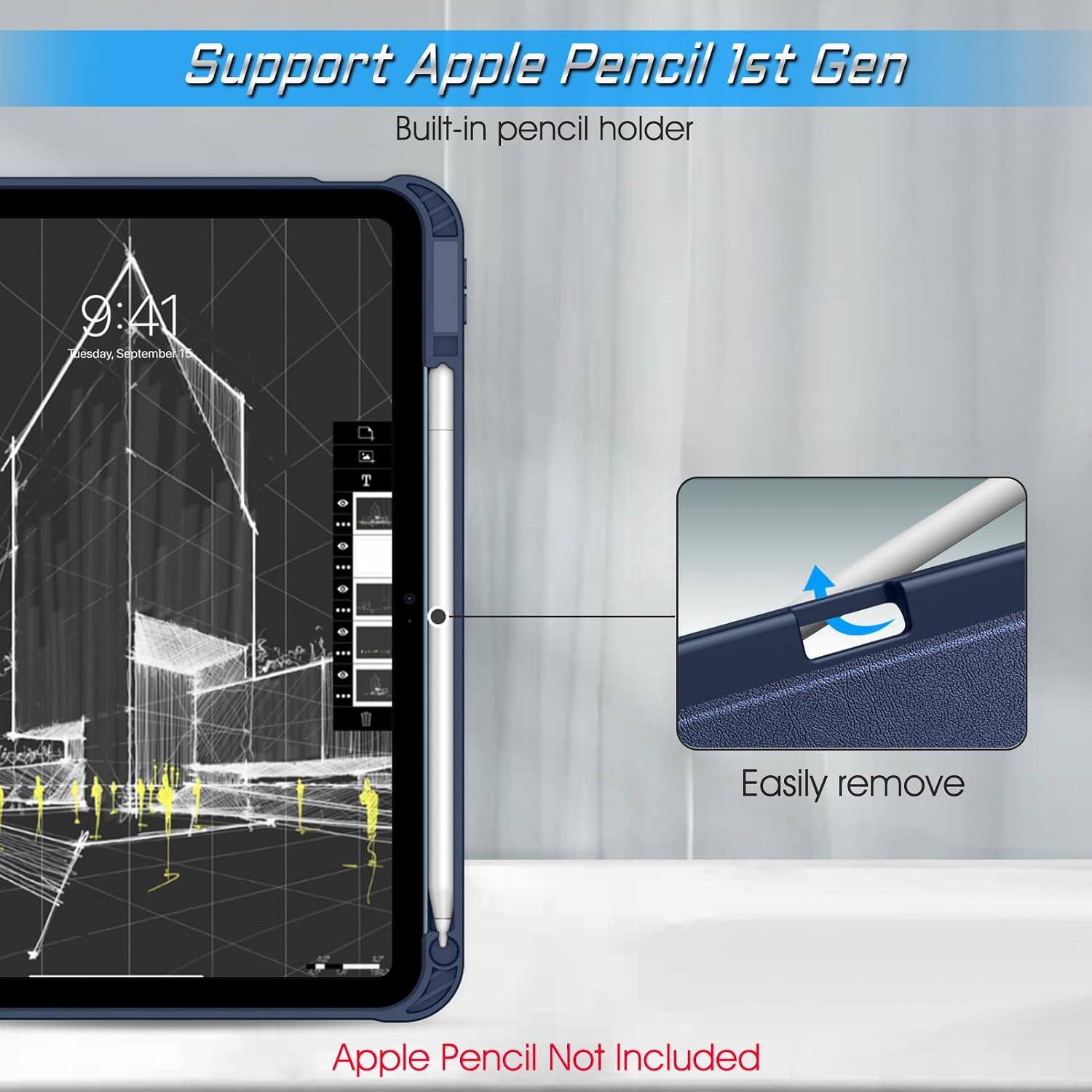 Support Apple Pencil 1st Gen  
Built-in pencil holder  

9:41  
Tuesday, September 15  

Easily remove  

Apple Pencil Not Included