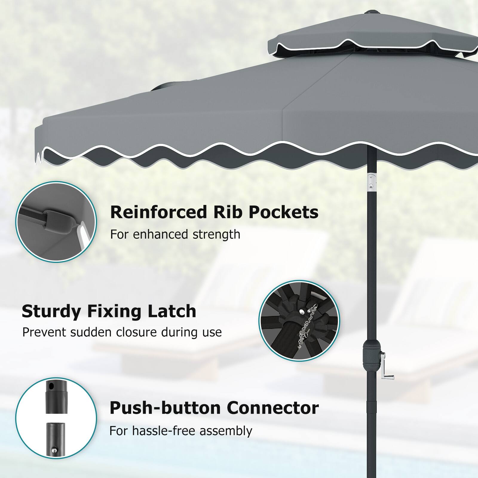 Reinforced Rib Pockets  
For enhanced strength  

Sturdy Fixing Latch  
Prevent sudden closure during use  

Push-button Connector  
For hassle-free assembly