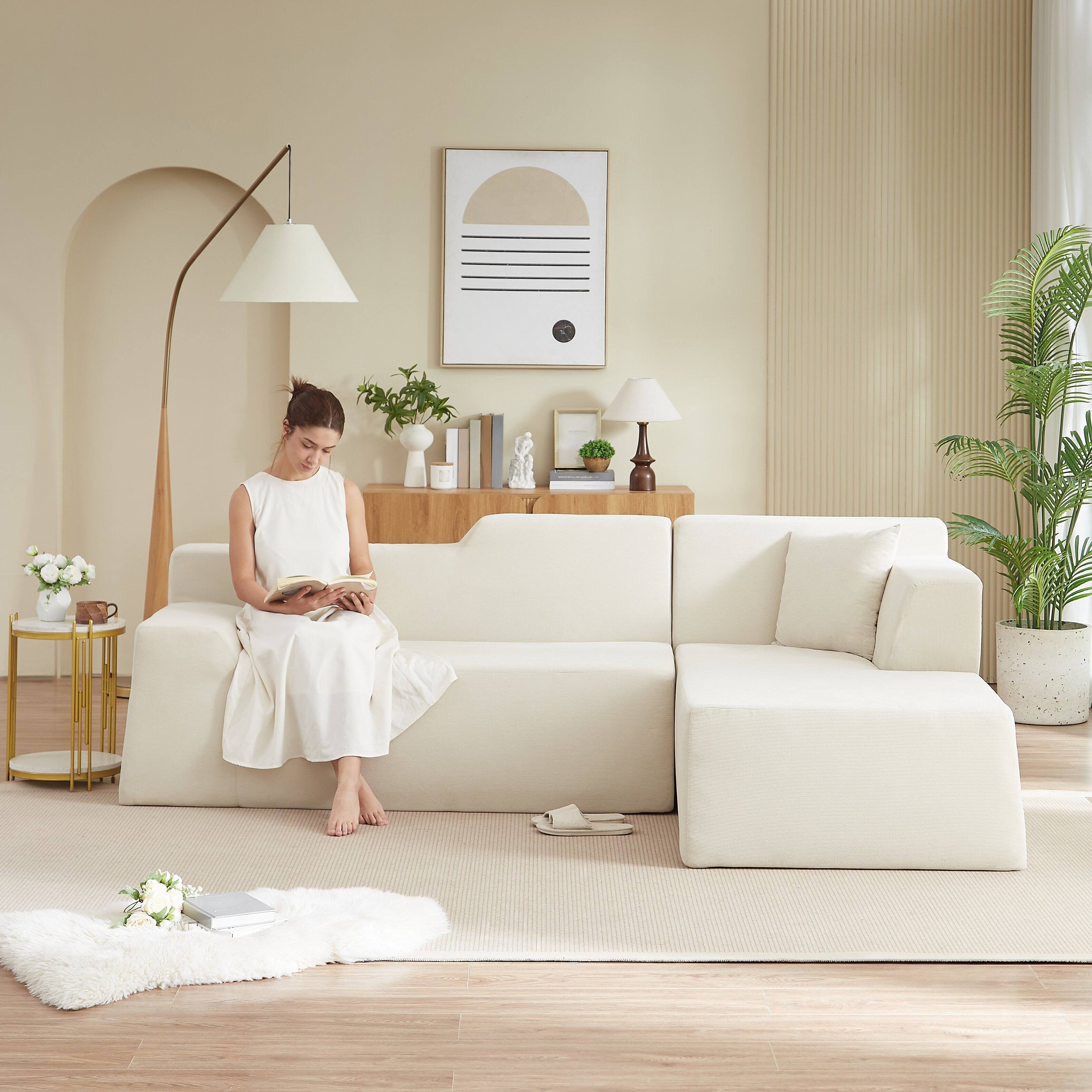 Angle. Anysun - Anysun L-Shaped Design Right-Facing Modern Minimalist Corduroy High Raised Thickened Back Sofa - Beige.
