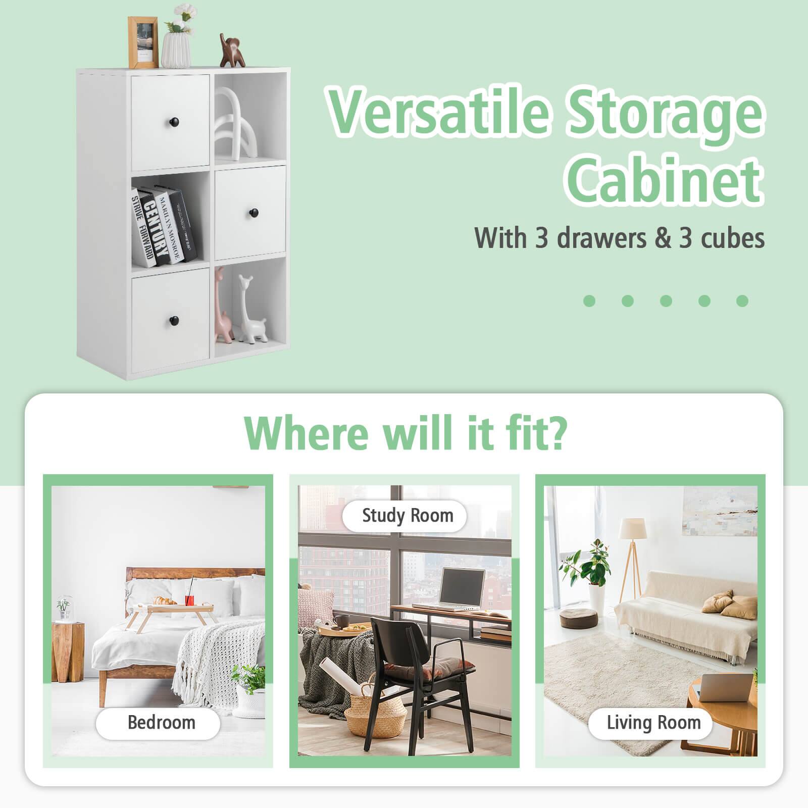 Versatile Storage Cabinet With 3 Drawers & 3 Cubes Where will it fit? Study Room Bedroom Living Room