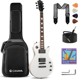 CAHAYA - LP Electric Guitar Kit - 39 In Full Size Beginner Kit with Solid Okoume Body for Adults Teen White CY0018-2