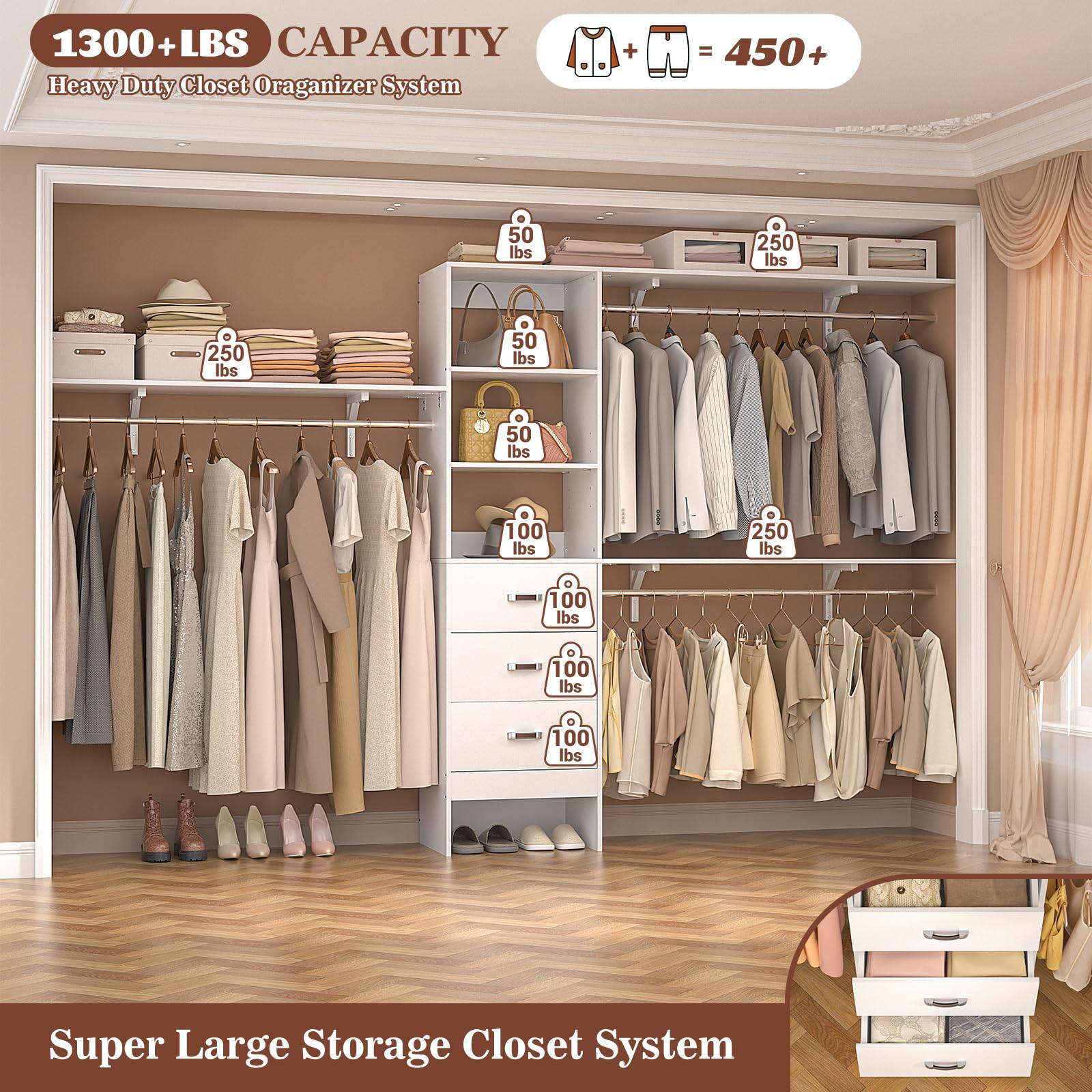 1300+ LBS CAPACITY Heavy Duty Closet Organizer System

+ = 450+

50 lbs
250 lbs
250 lbs
50 lbs
50 lbs
100 lbs
250 lbs
100 lbs
100 lbs
100 lbs

Super Large Storage Closet System