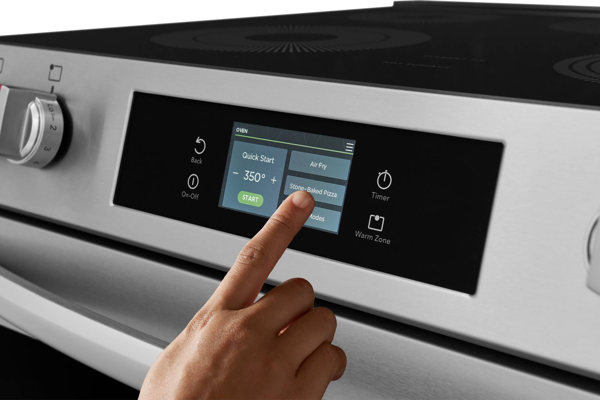 T 2 3 A G Back I On-Off OVEN Quick Start Air Fry I 350 + Stone-Baked Pizza START I Timer Modes Warm Zone