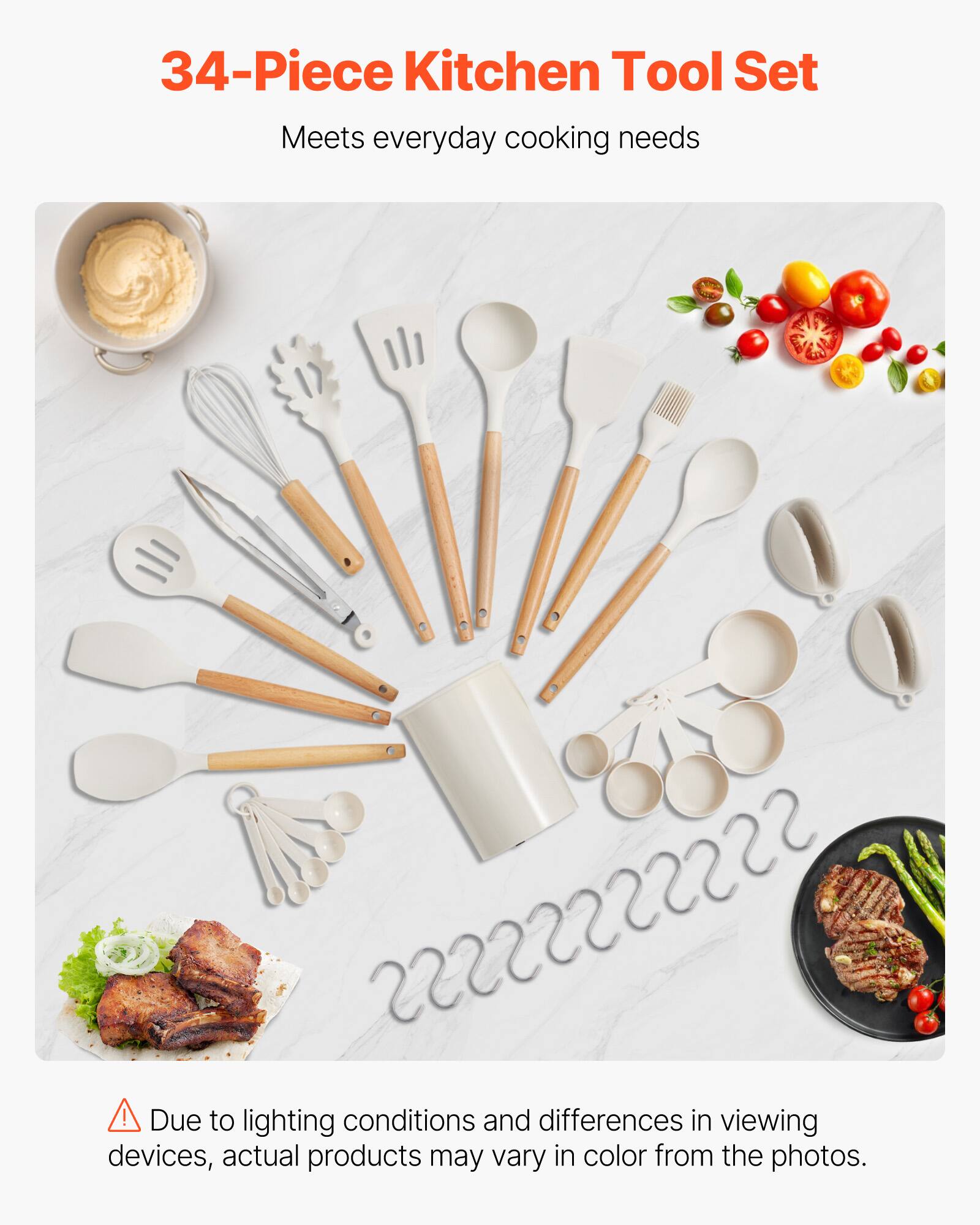 34-Piece Kitchen Tool Set  
Meets everyday cooking needs  

Due to lighting conditions and differences in viewing devices, actual products may vary in color from the photos.
