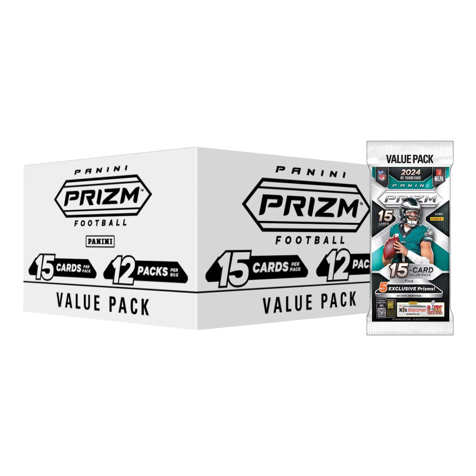 PANINI PRIZM FOOTBALL  
15 CARDS PER PACK  
12 PACKS PER BOX  
VALUE PACK  
2024  
5 EXCLUSIVE Prizm!  
NFL  
KIA Reporter