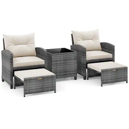 Front. Gymax - Gymax 5 Piece Patio Rattan Furniture w/ 2 Ottomans & Tempered Glass Coffee Table Outdoor White - Grey.