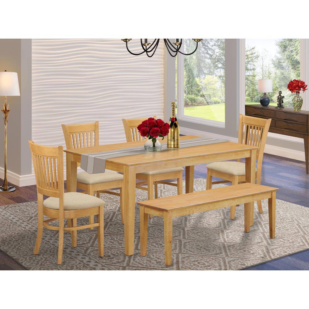 Left. East West Furniture - CAVA6-OAK-C 6 Pc Table set - Kitchen Table and 4 Dining Chairs combined with Wooden bench - Oak.