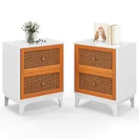 Costway 2 PCS Rattan Nightstand with Storage Wood End Sofa Side Table with 2 drawers Wood Legs - White + Brown - Front_Zoom
