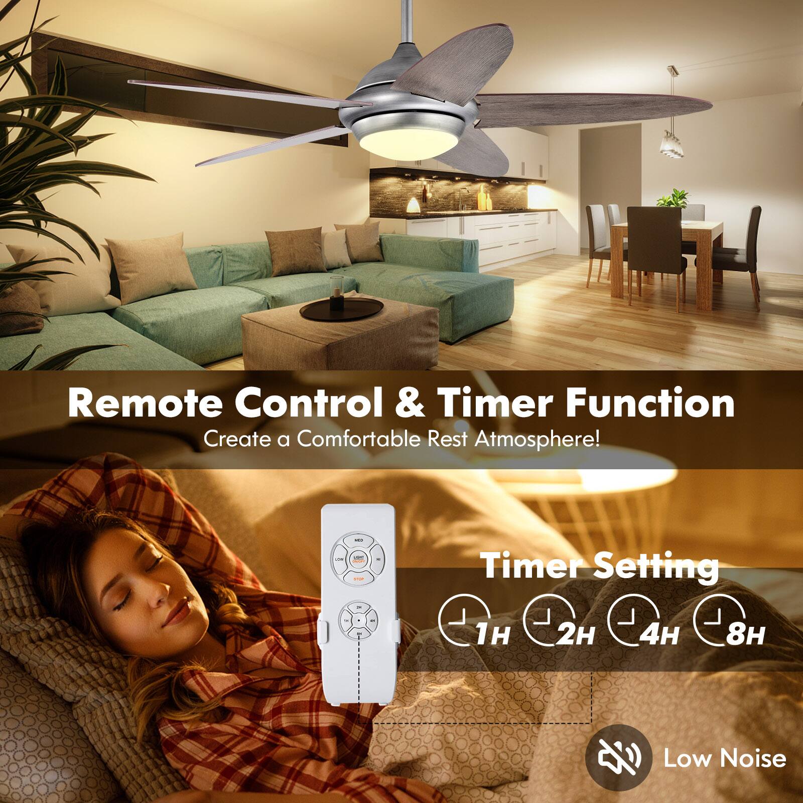 Remote Control & Timer Function  
Create a Comfortable Rest Atmosphere!  

Timer Setting  
1H 2H 4H 8H  

Low Noise
