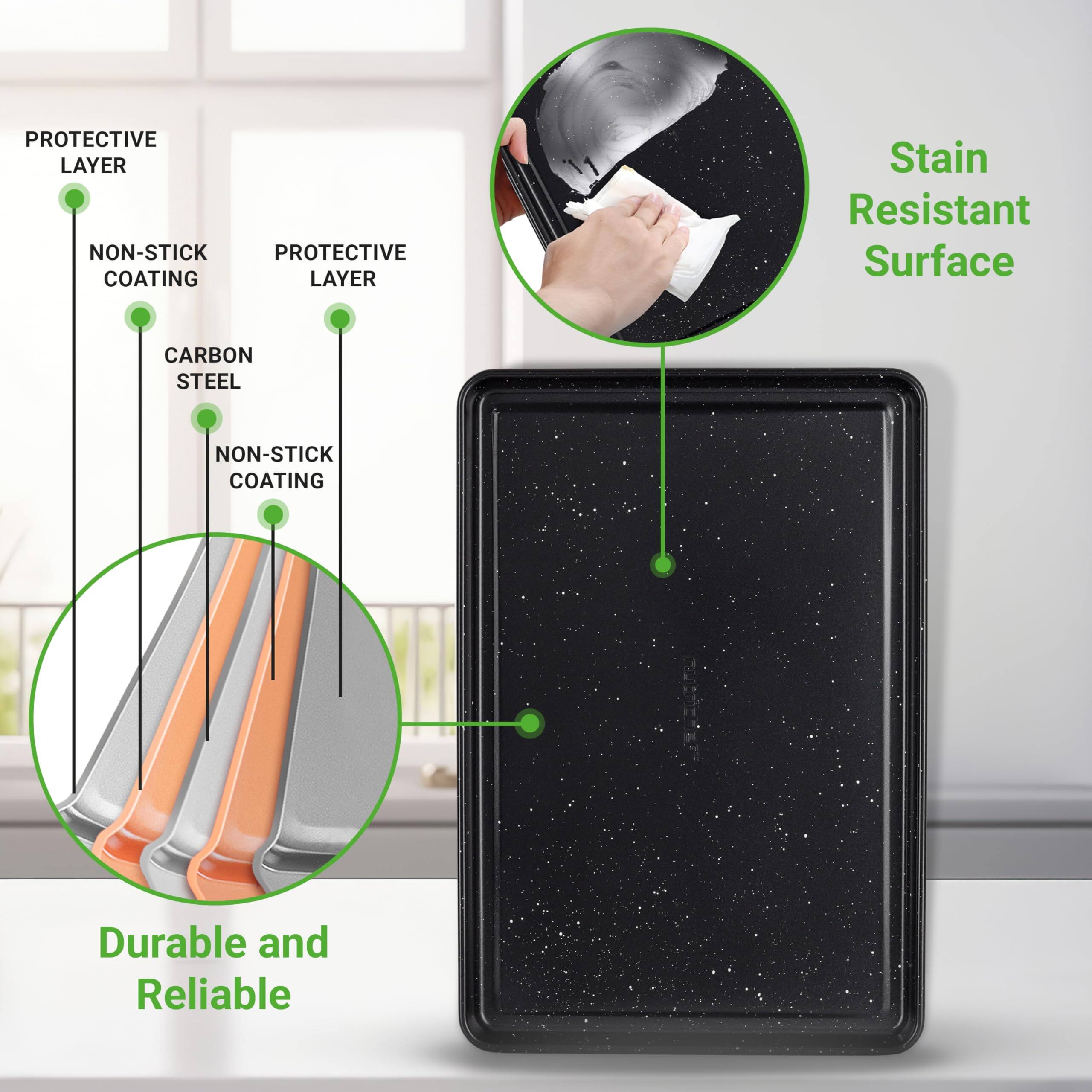 - Protective Layer
- Non-Stick Coating
- Carbon Steel
- Non-Stick Coating
- Protective Layer
- Stain Resistant Surface
- Durable and Reliable