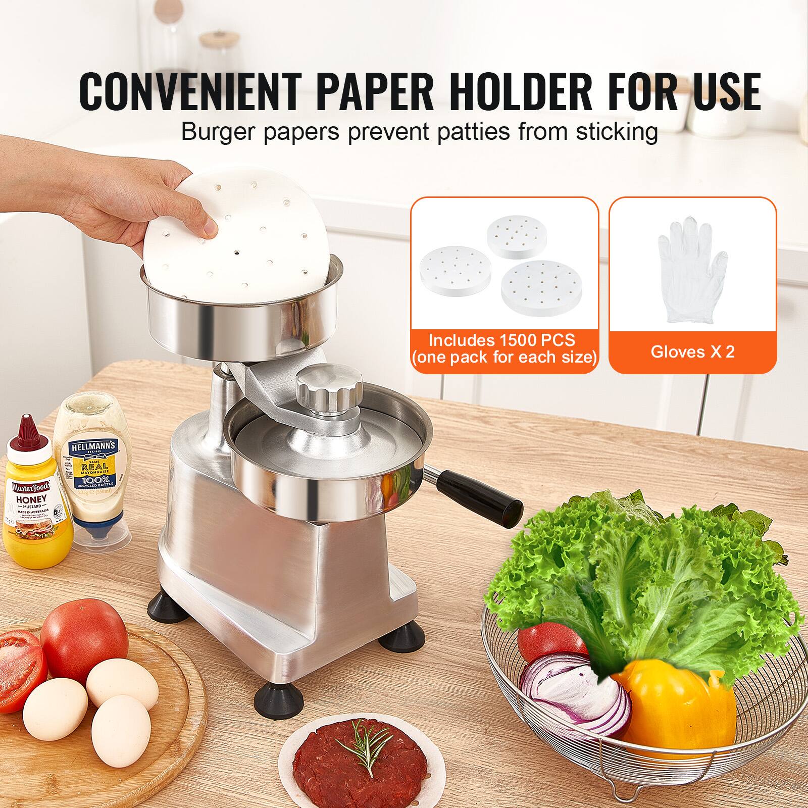CONVENIENT PAPER HOLDER FOR USE  
Burger papers prevent patties from sticking  

Includes 1500 PCS (one pack for each size)  
Gloves X 2  

HELLMANN'S  
HONEY  
100% REAL