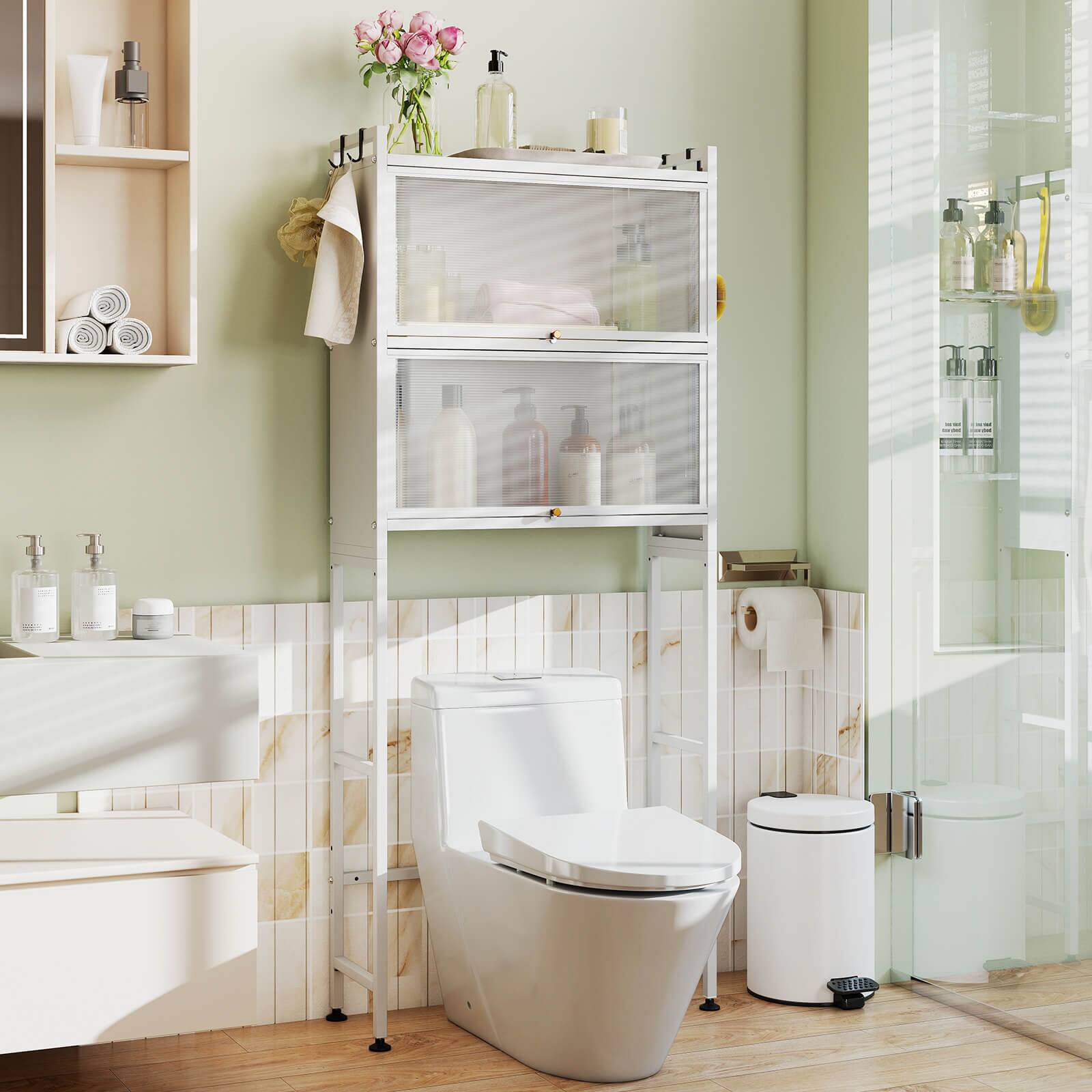 Alt View 1. Costway - Costway 66" Bathroom Organizer with 2 Flip-up Cabinets, See-through Fluted Doors, 4 Hooks - White.