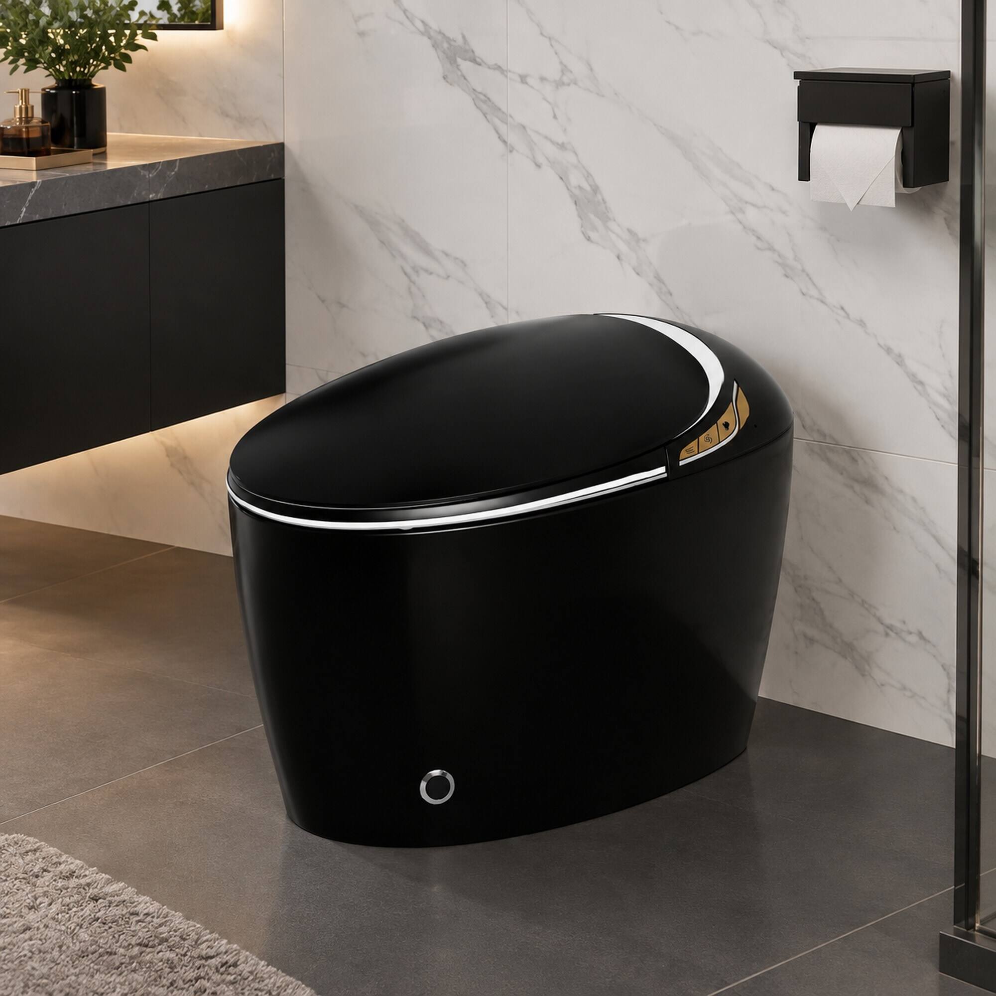 Back. RYHNUYNE - Unique Smart Bidet Toilet With Heated Seat, Auto Open Close Foot Sensor LED Display Nightlight Warm Water Dryer In Black - Black.
