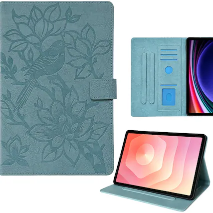 Front. Dteck - Faux Leather Flip Case for Samsung Galaxy Tab S10 FE / S10 Lite & Tab S9 FE / S9,Embossed Bird Wallet Folio Stand Cover - Blue.