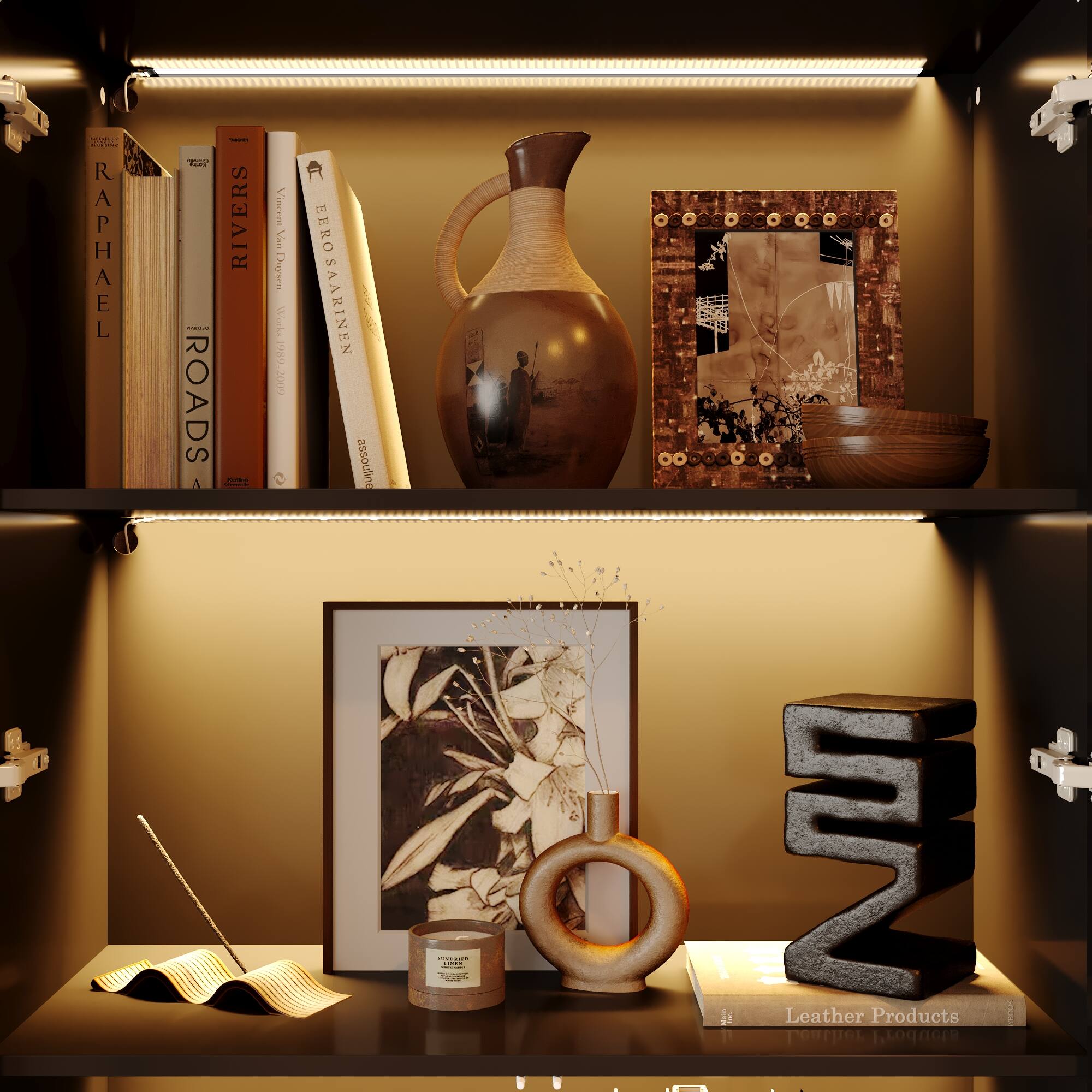 Sure, here is the corrected and grouped text from the image:

---

**Books:**
- RAPHAEL
- SREVI
- VINCENT VAN GOGH
- EERO SAARINEN
- ROADS

**Other Text:**
- assouline
- Leather Products

---

This groups the titles of the books and other visible text from the image.