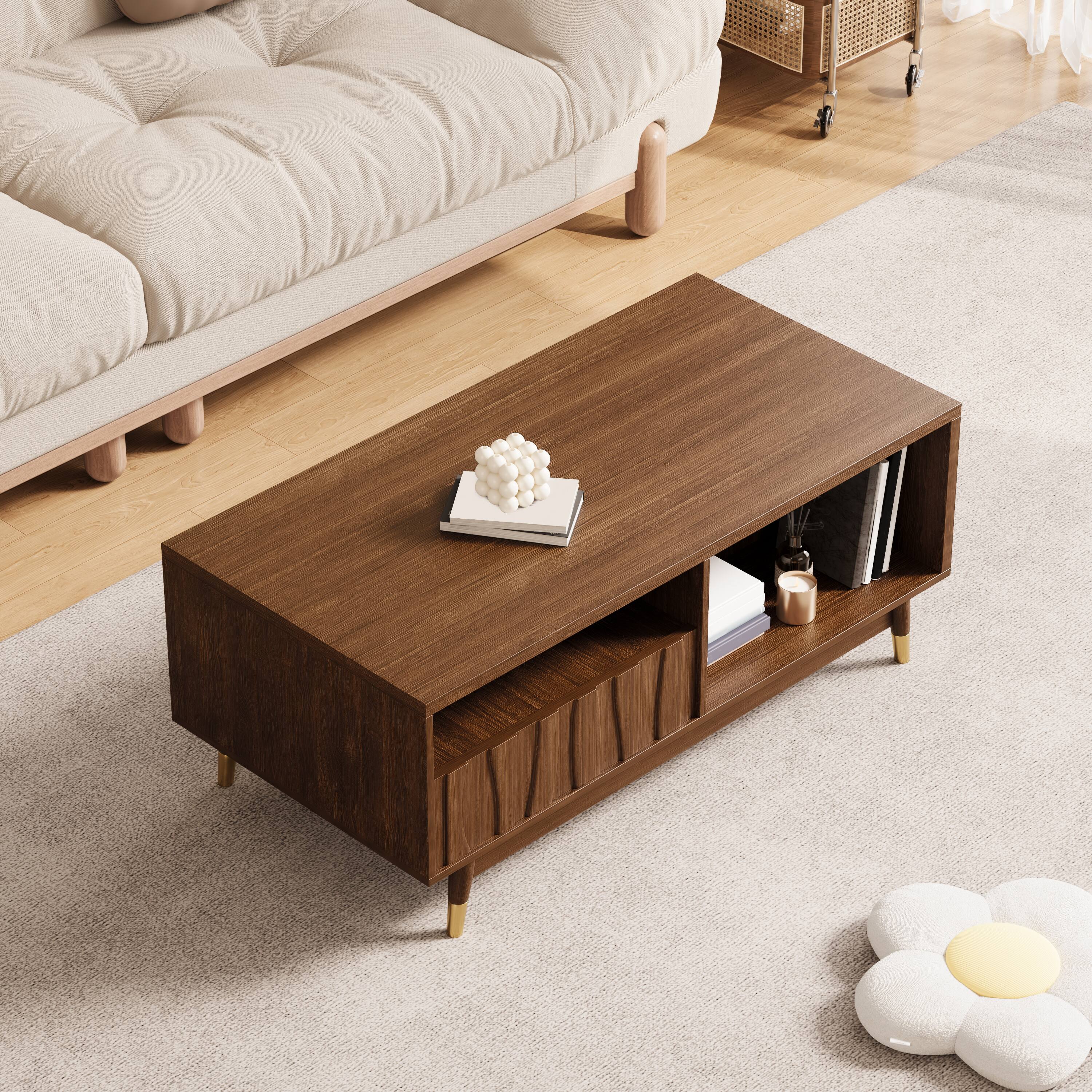 Alt View 1. MSOOB - 47" Mid Century Modern Wooden Coffee Table, Retro Brown Walnut Finish Rectangular Side Table - Brown.