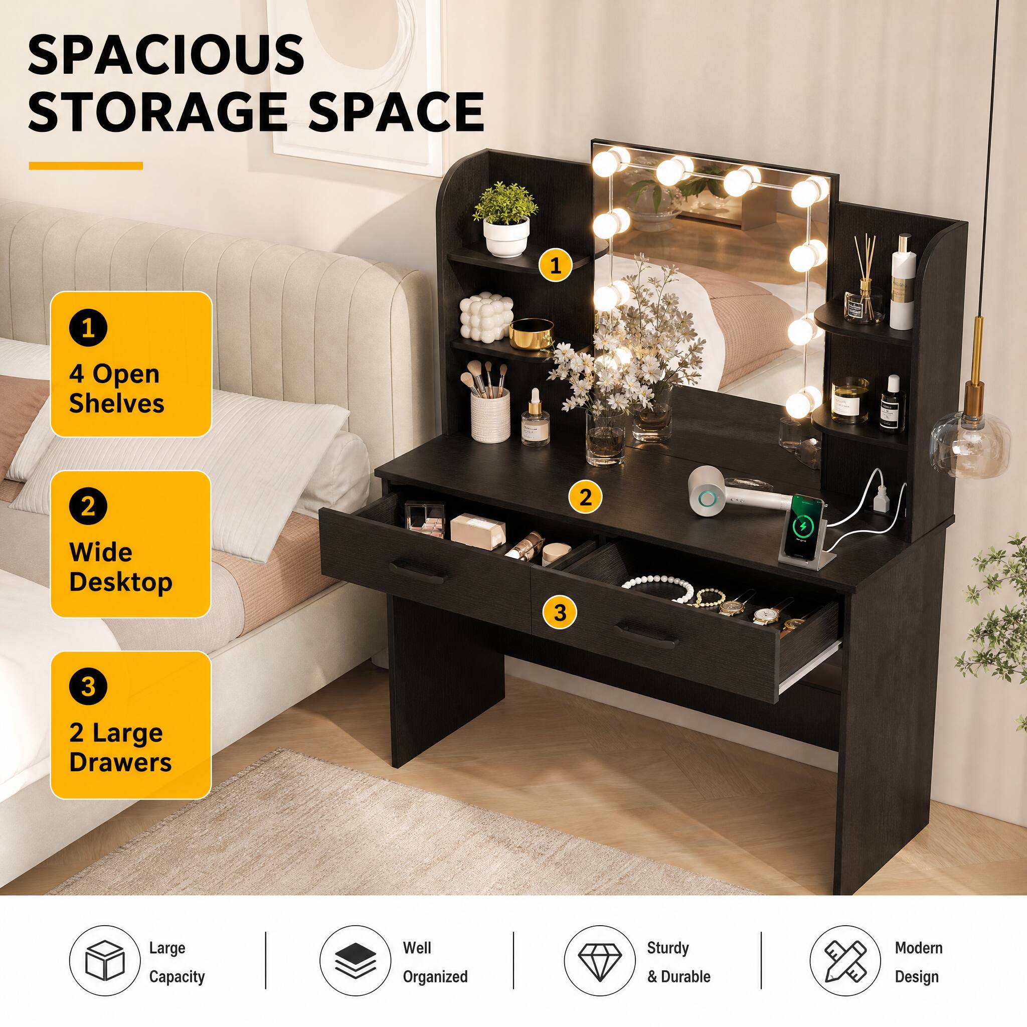 SPACIOUS STORAGE SPACE

1. 4 Open Shelves
2. Wide Desktop
3. 2 Large Drawers

Large Capacity
Well Organized
Sturdy & Durable
Modern Design
