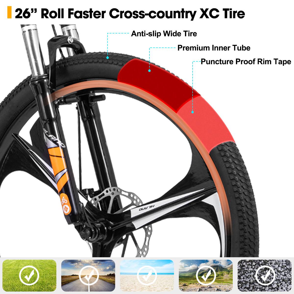 26" Roll Faster Cross-country XC Tire
Anti-slip Wide Tire
Premium Inner Tube
Puncture Proof Rim Tape