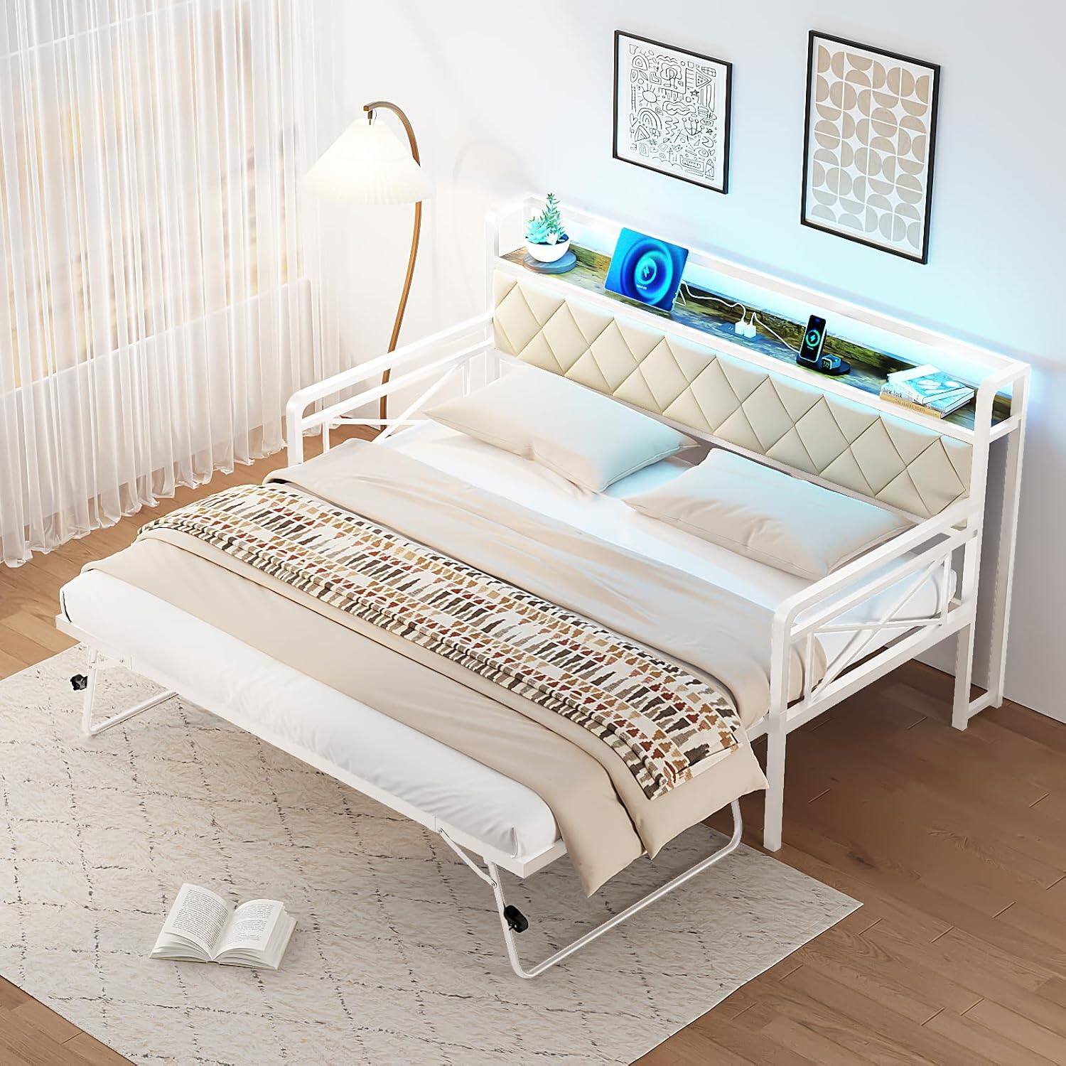 Alt View 1. Winado - Twin Daybed with Trundle Bed Sofa DayBed with LED Light & Charing Station Upholstered Bed Frame with Storage Headboard - White.