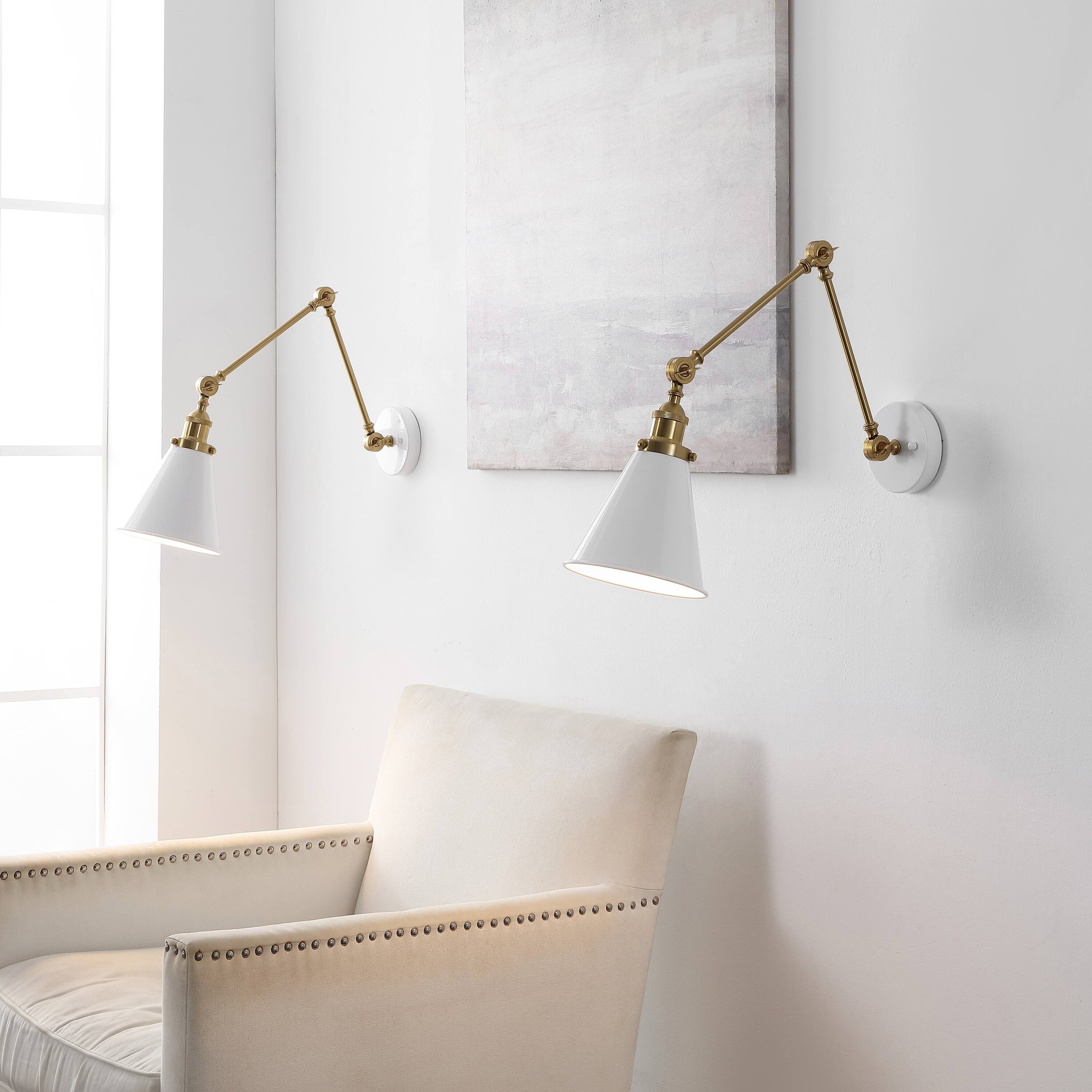 Alt View 1. Jonathan Y - Rover 7" Classic Industrial Metal Adjustable Arm LED Wall Sconce, White/Brass Gold (Set of 2) - White/Brass Gold.