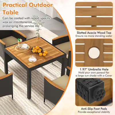 costway 7pcs patio rattan dining set table top w/umbrella hole 7 Pieces With Stackable Chairs and Umbrella REBEL This practical rattan furniture set includes a large rectangular table and 8 chairs which offer spacious space to eat food and chat together Costway 7PCS Rattan Dining Set