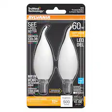 TruWave Technology
SYLVANIA
SEE + FEEL BETTER
ENHANCED COLOR EXPERIENCE
60W
SOFT WHITE
OPALE
LED DEL
MIEUX VOIR + SE SENTIR MIEUX
EXPERIENCE COULEUR AMÉLIORÉE
B10
Frosted Bulbs
Lampes dépolies
2 B10 BULBS / LAMPES
LASTS / DURE 13+ YEARS / ANS
Brightness 500 lumens
Energy Cost $0.66 per year
SUPERIOR DIMMABILITY
INTENSITÉ VARIABLE
CANDLELABRA BASE / CULOT CANDLELABRE
Indoor / Outdoor | Intérieur / extérieur
ENERGY STAR