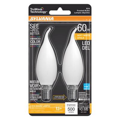 TruWave Technology
SYLVANIA
SEE + FEEL BETTER
ENHANCED COLOR EXPERIENCE
60W
SOFT WHITE
OPALE
LED DEL
MIEUX VOIR + SE SENTIR MIEUX
EXPERIENCE COULEUR AMÉLIORÉE
B10
Frosted Bulbs
Lampes dépolies
2 B10 BULBS / LAMPES
LASTS / DURE 13+ YEARS / ANS
Brightness 500 lumens
Energy Cost $0.66 per year
SUPERIOR DIMMABILITY
INTENSITÉ VARIABLE
CANDLELABRA BASE / CULOT CANDLELABRE
Indoor / Outdoor | Intérieur / extérieur
ENERGY STAR