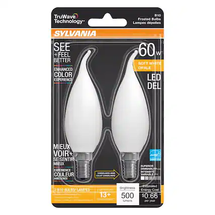 TruWave Technology
SYLVANIA
SEE + FEEL BETTER
ENHANCED COLOR EXPERIENCE
60W
SOFT WHITE
OPALE
LED DEL
MIEUX VOIR + SE SENTIR MIEUX
EXPERIENCE COULEUR AMÉLIORÉE
B10
Frosted Bulbs
Lampes dépolies
2 B10 BULBS / LAMPES
LASTS / DURE 13+ YEARS / ANS
Brightness 500 lumens
Energy Cost $0.66 per year
SUPERIOR DIMMABILITY
INTENSITÉ VARIABLE
CANDLELABRA BASE / CULOT CANDLELABRE
Indoor / Outdoor | Intérieur / extérieur
ENERGY STAR