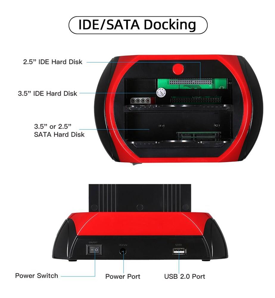IDE/SATA Docking  
2.5" IDE Hard Disk  
3.5" IDE Hard Disk  
3.5" or 2.5" SATA Hard Disk  
Power Switch  
Power Port  
USB 2.0 Port
