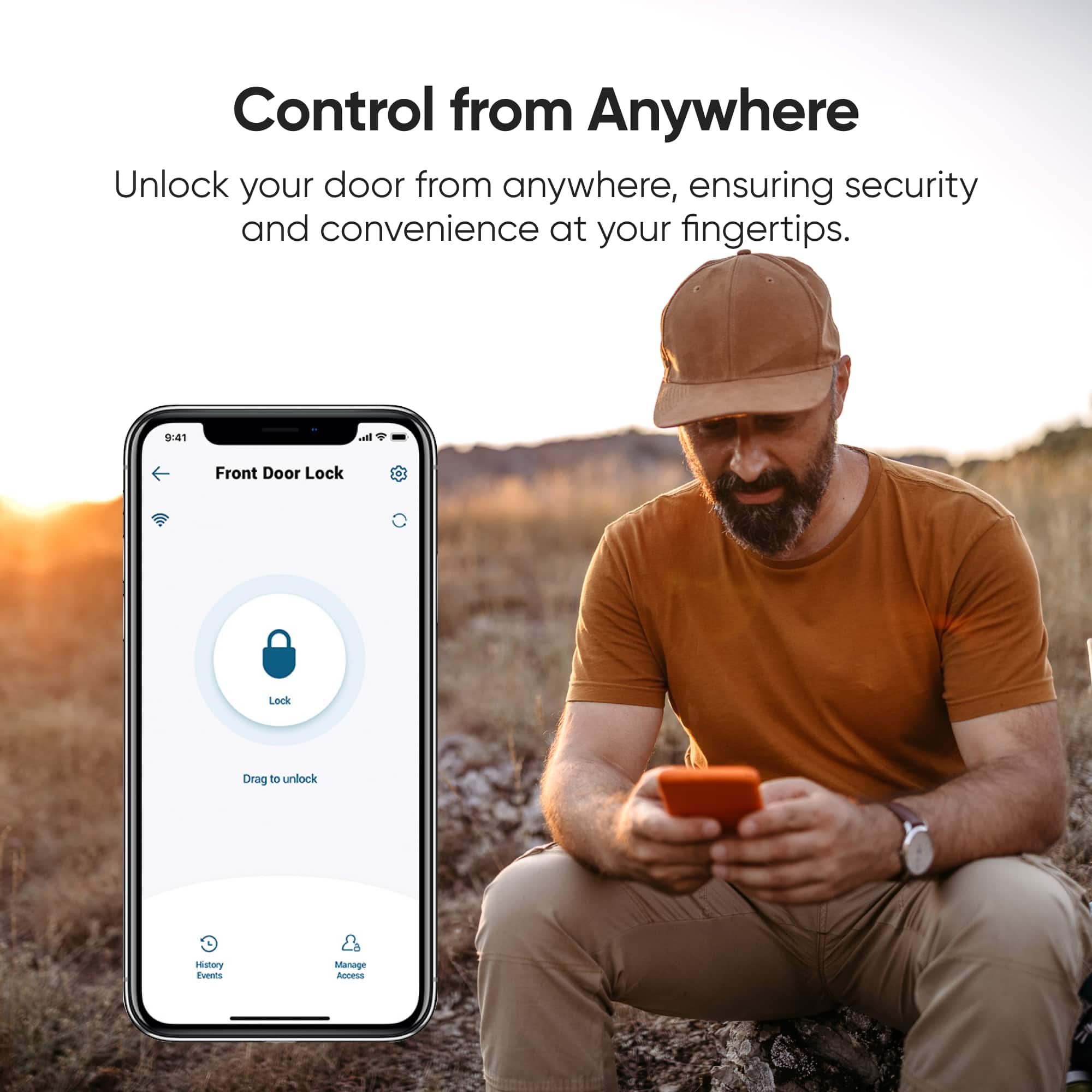 Control from Anywhere: Unlock your door from anywhere, ensuring security and convenience at your fingertips. Front Door Lock: Drag to unlock. Manage Access: Story Events.