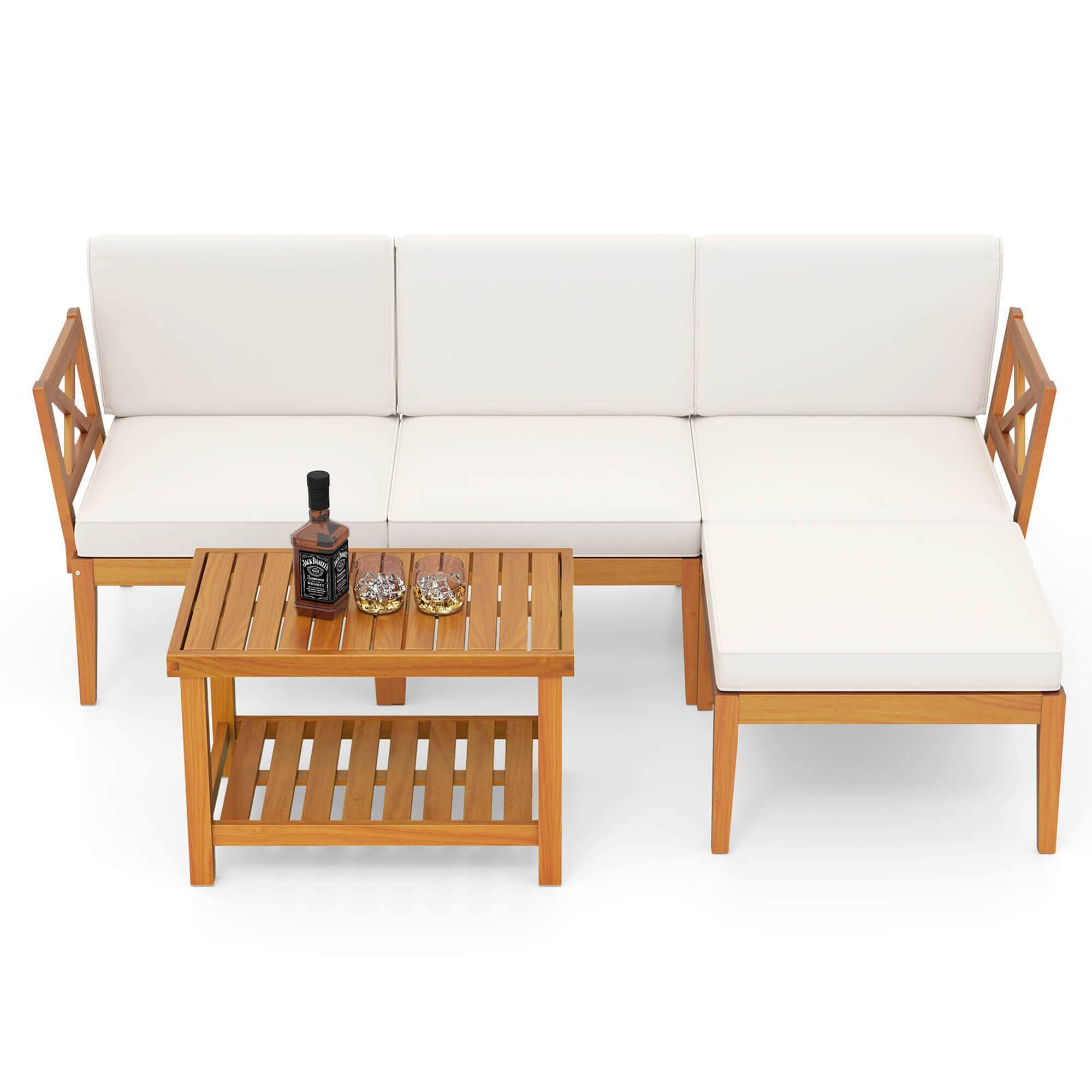 Alt View 9. Costway - 5 PCS Acacia Wood Patio Furniture Set with 2-Tier Coffee Table and Cushions - Off White,Natural.