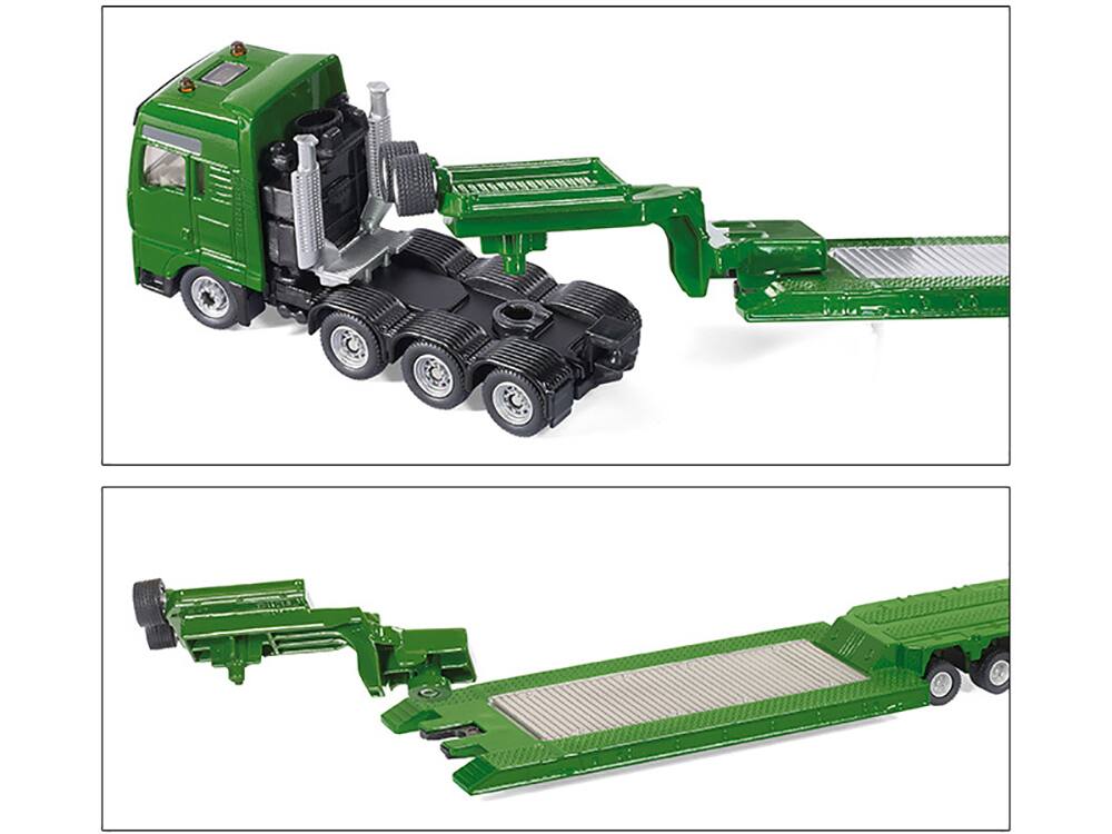 Left. SIKU - Heavy Haulage Transporter Green and Liebherr Cable Excavator Red with Wrecking Ball and Signs 1/87 (HO) Diecast Models - Green.