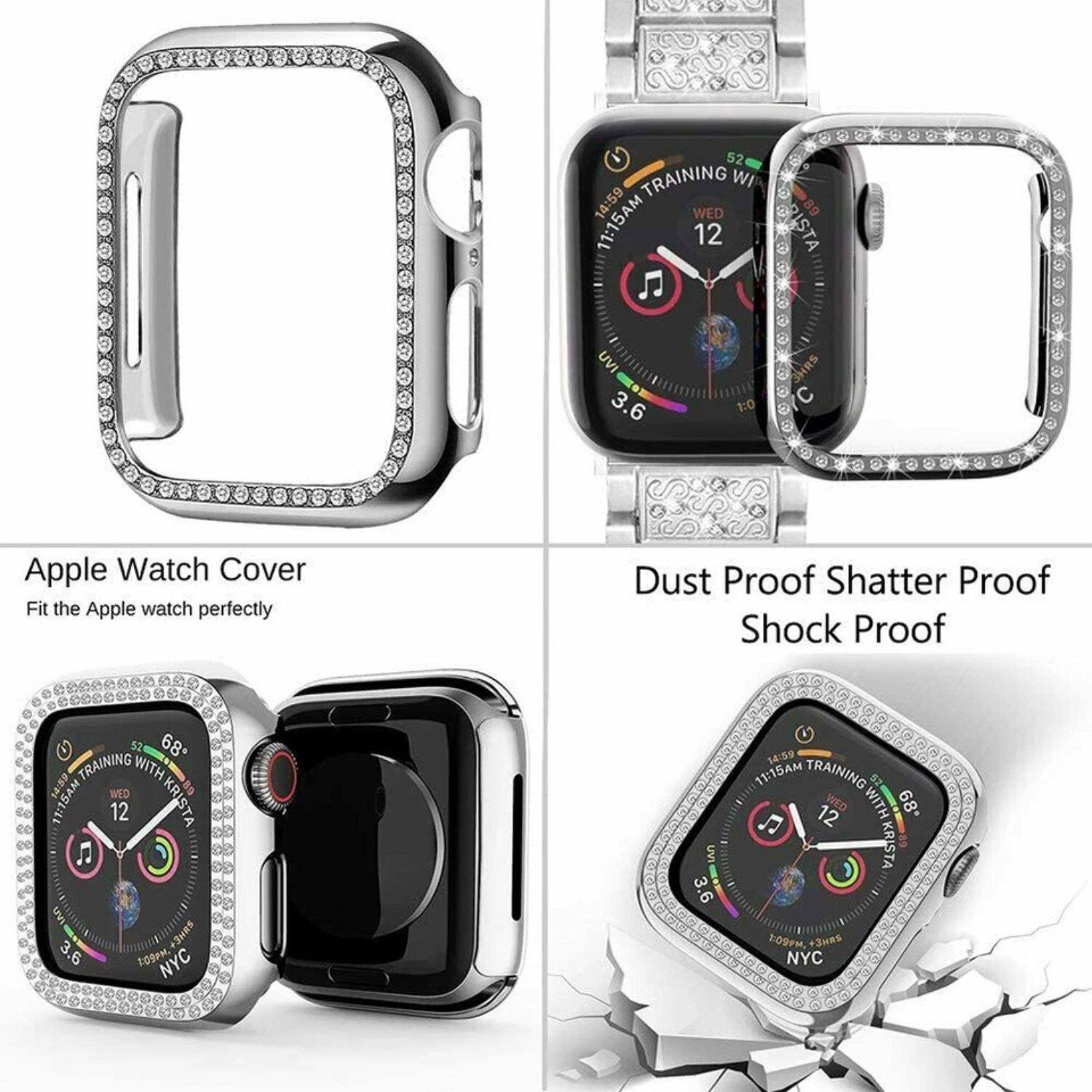 Left. Stock Preferred - 42mm Diamond Glitter iWatch Band with Rhinestone Case Luxury Stainless Steel Bracelet for Apple Watch Series SE 6 5 4 3 - Rose Gold.