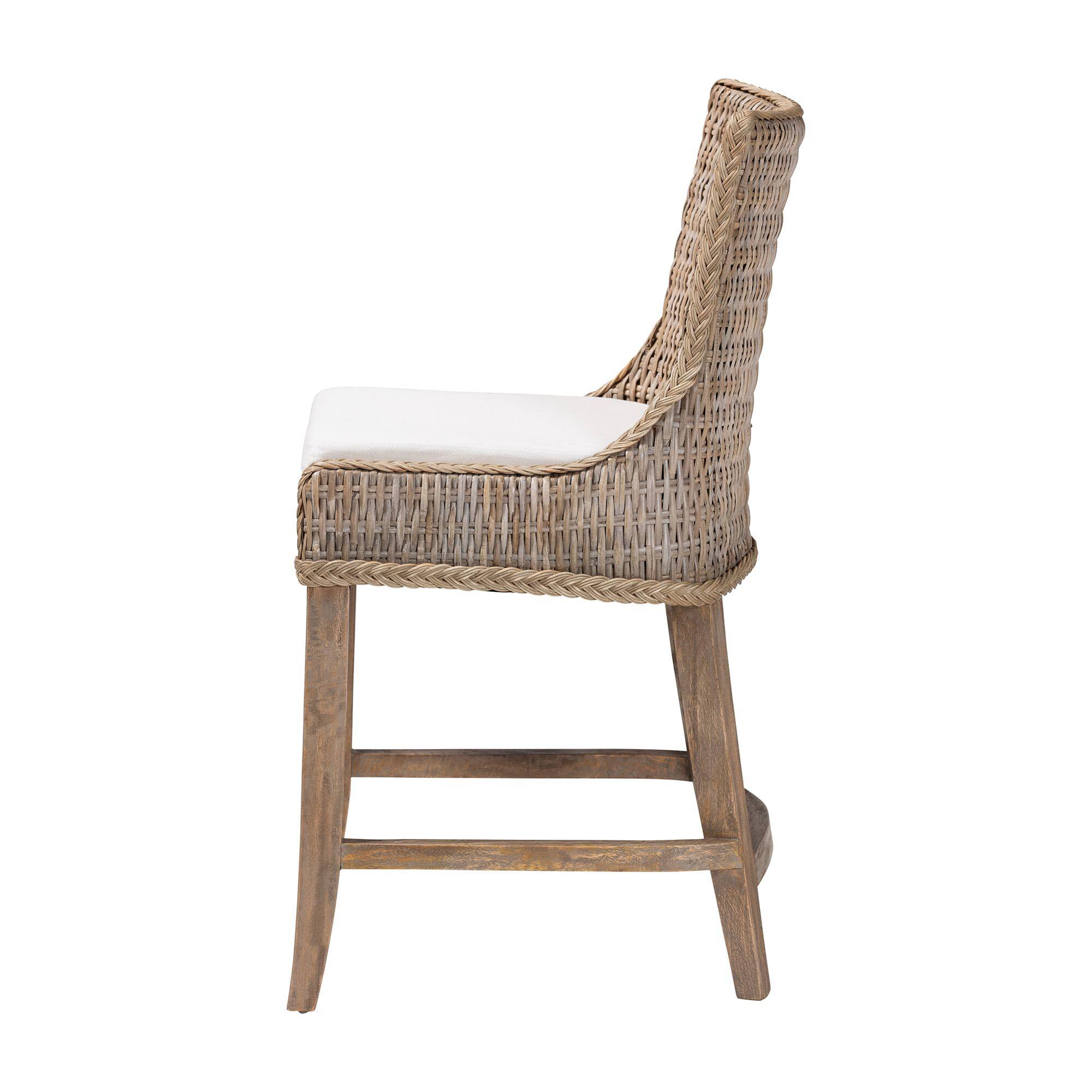 Left. bali & pari - Derris Natural Rattan Counter Stool with Cushion - Tall Wingback Stool with Solid Mango Wood Legs and Footrest - Greywashed.