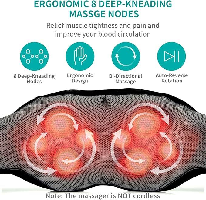 ERGONOMIC 8 DEEP-KNEADING MASSGE NODES Relief muscle tightness and pain and improve your blood circulation 8 Deep-Kneading Nodes Ergonomic Design Bi-Directional Massage Auto-Reverse Rotation Note: The massager is NOT cordless