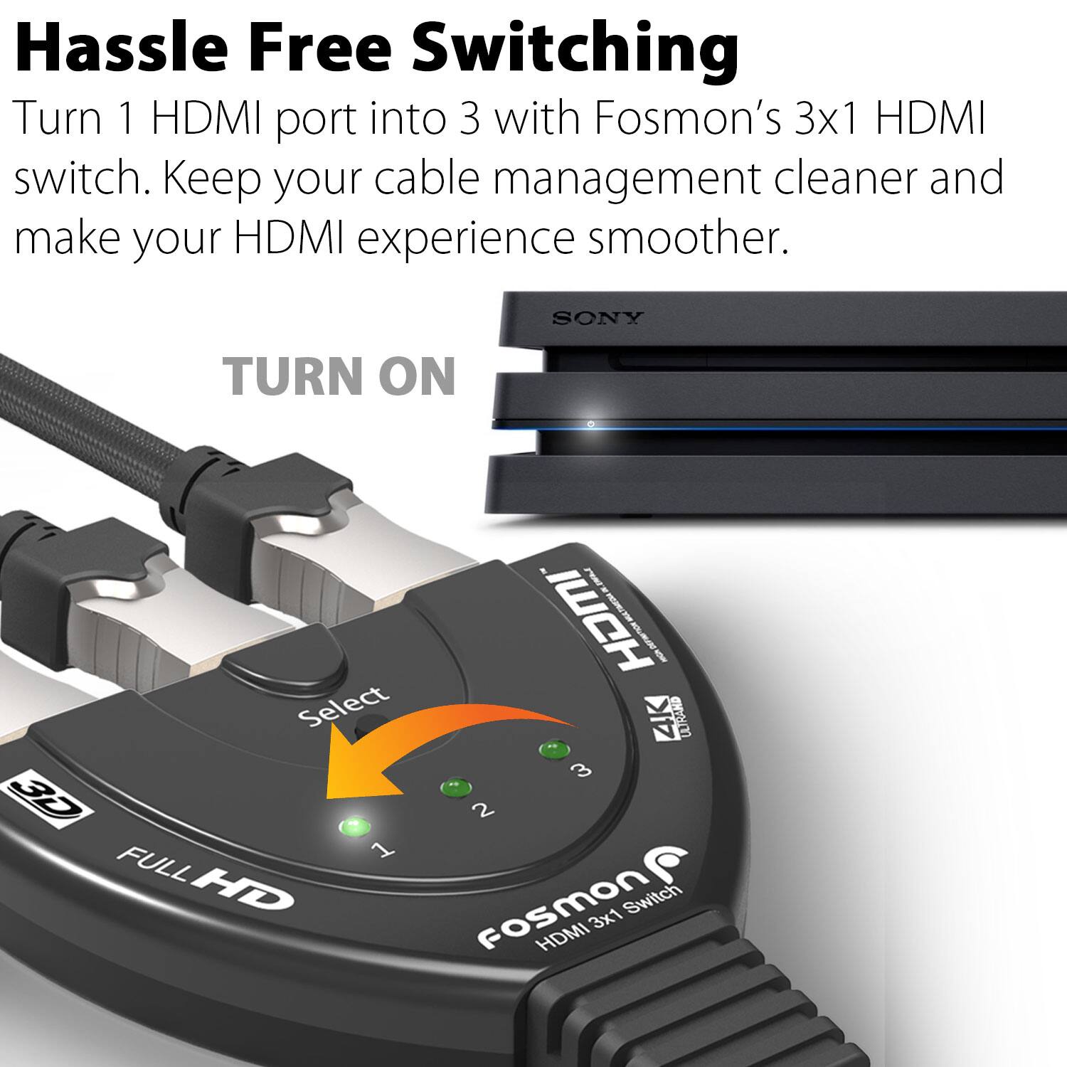 Hassle Free Switching Turn 1 HDMI port into 3 with Fosmon's 3x1 HDMI switch. Keep your cable management cleaner and make your HDMI experience smoother. TURN ON Select 4K ULTRA HD 3D 2 FULL HD fosmon 3x1 Switch HDMI